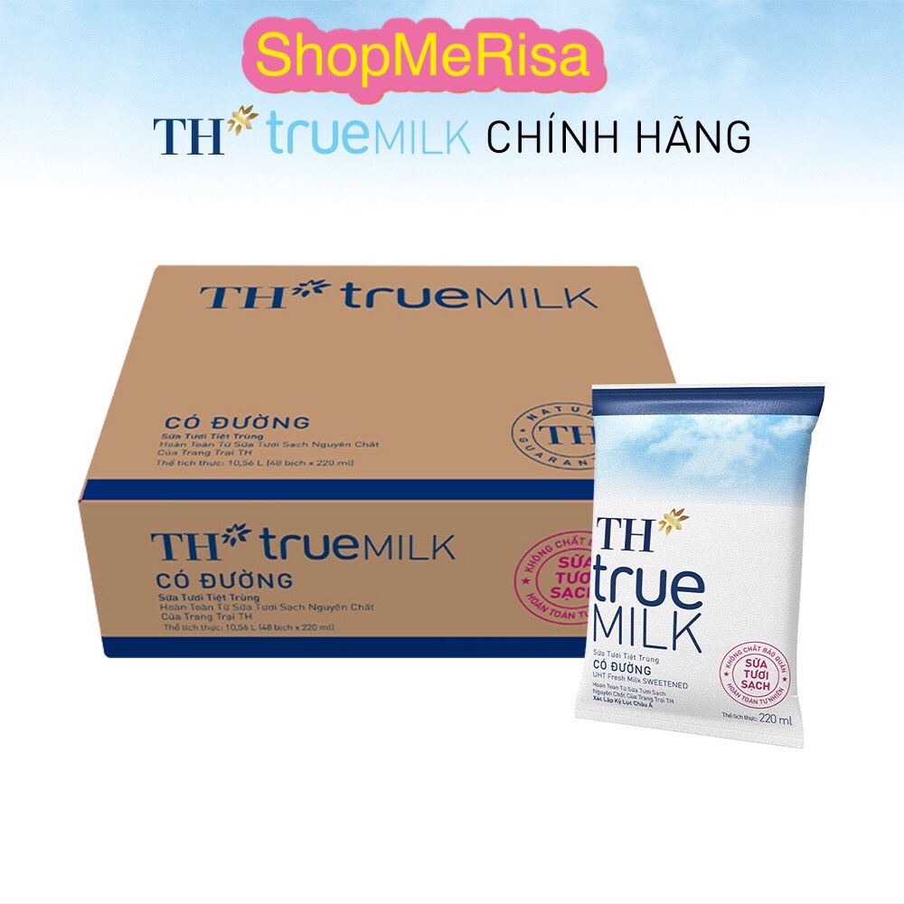 Thùng 48 bịch sữa tươi sạch có đường/nguyên chất/ít đường TH True Milk bịch giấy 220ml