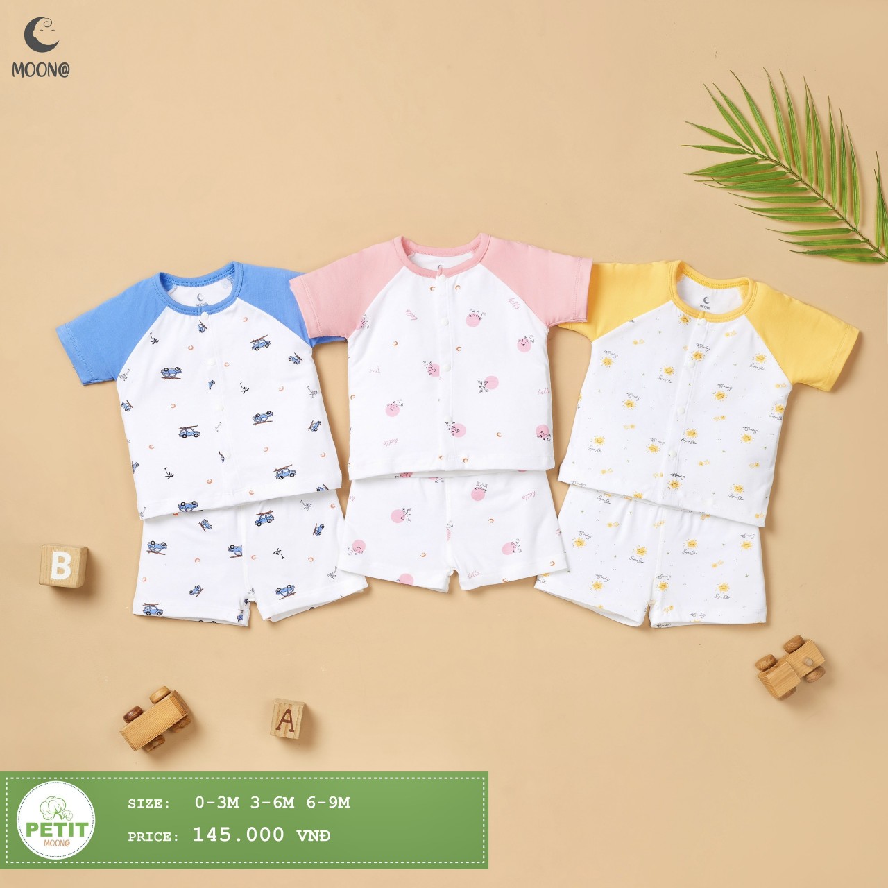 Bộ áo cộc tay quần đùi khuy giữa petit họa tiết Moon