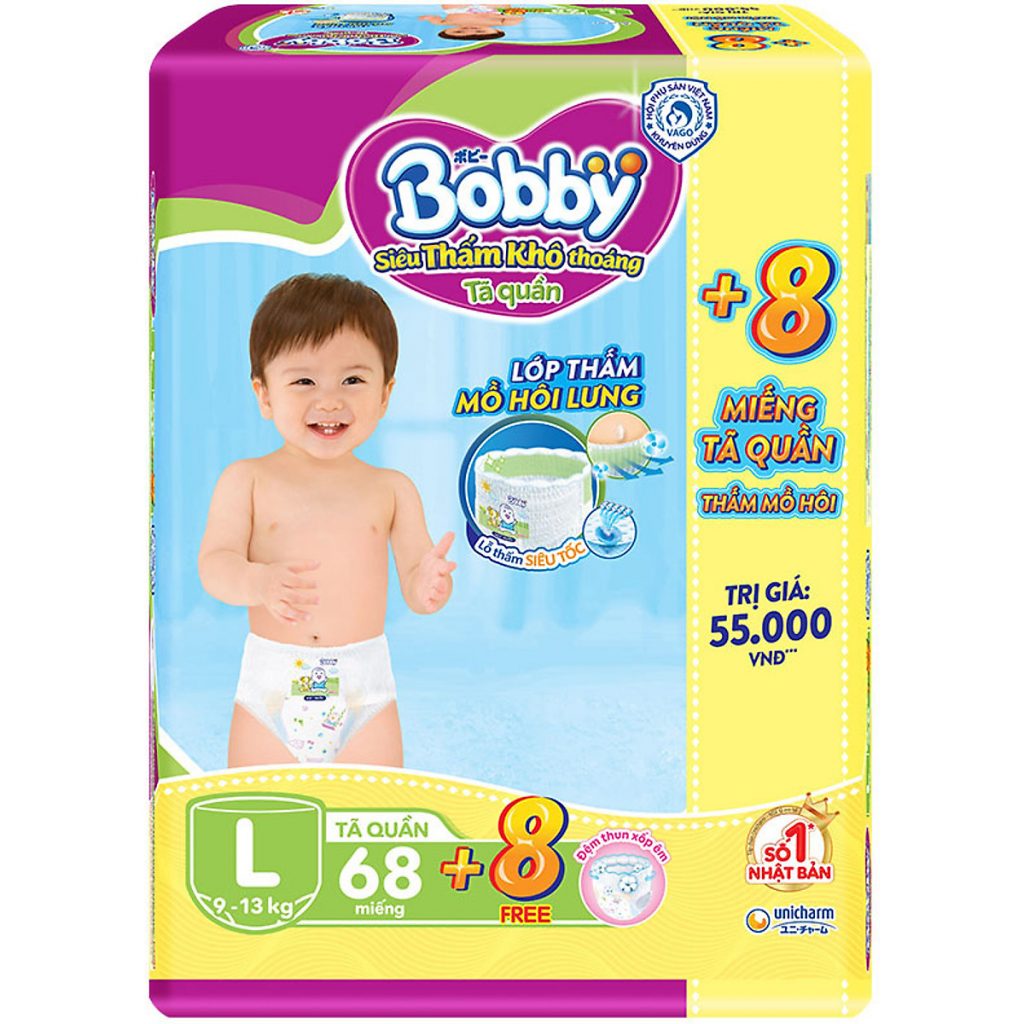 Tã Quần Bobby L 68 trà xanh tặng 8 miếng