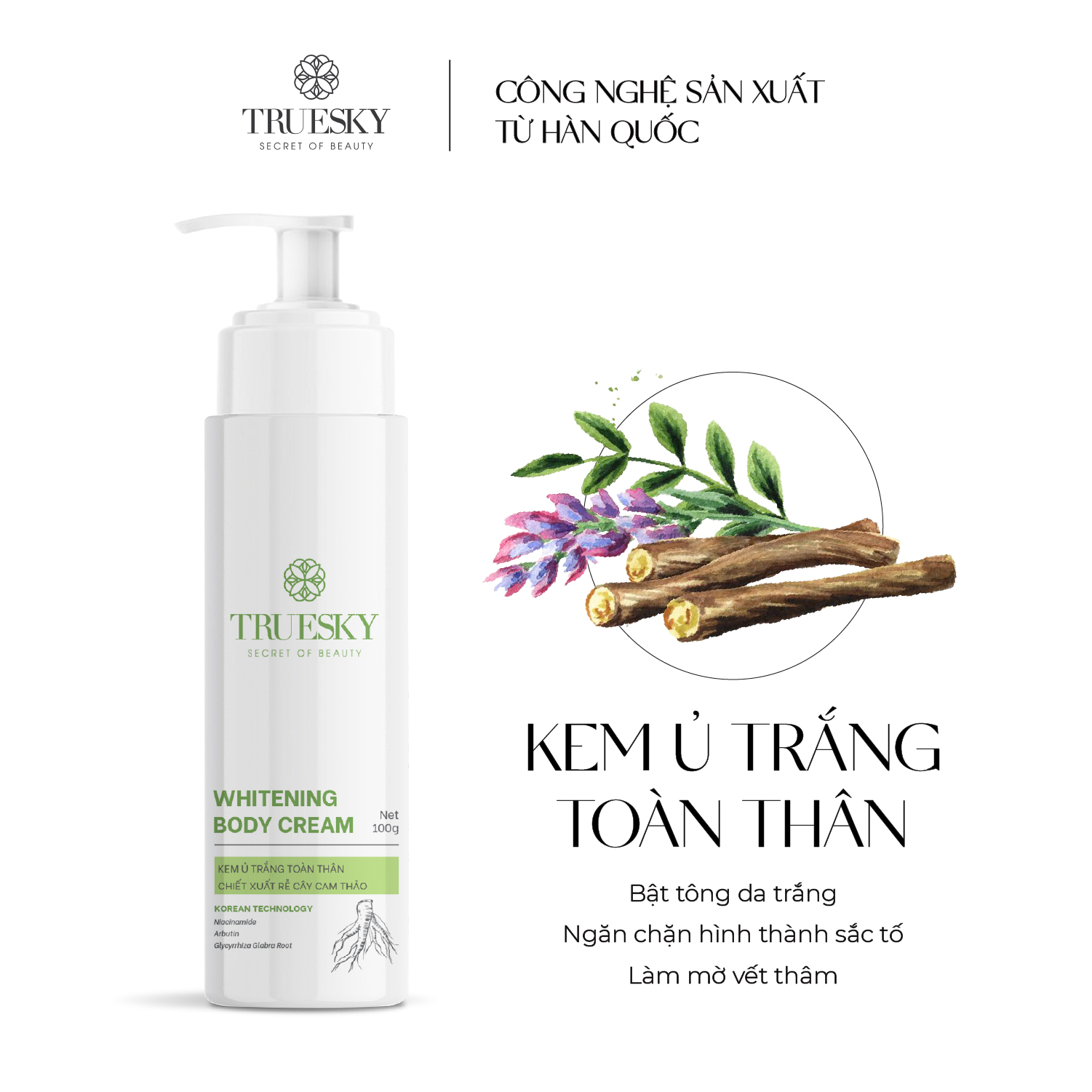 Kem ủ trắng body chiết xuất rễ cây cam thảo Truesky Whitening Body Cream 100g