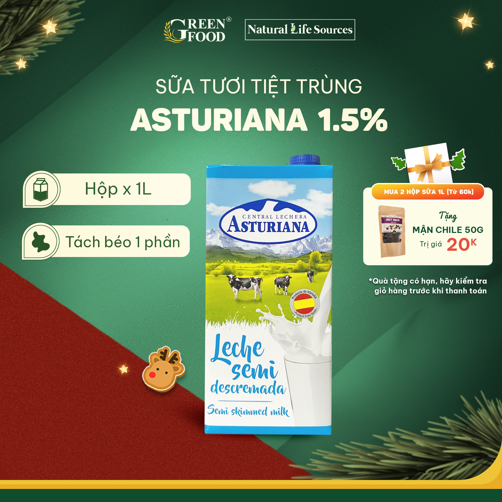 Sữa Tươi Tiệt Trùng Asturiana Tách Béo Một Phần 1L - Hàm Lượng Béo Ít 1.5%, Bổ Sung Canxi và Đạm Tự Nhiên, Nhập Khẩu từ Tây Ban Nha