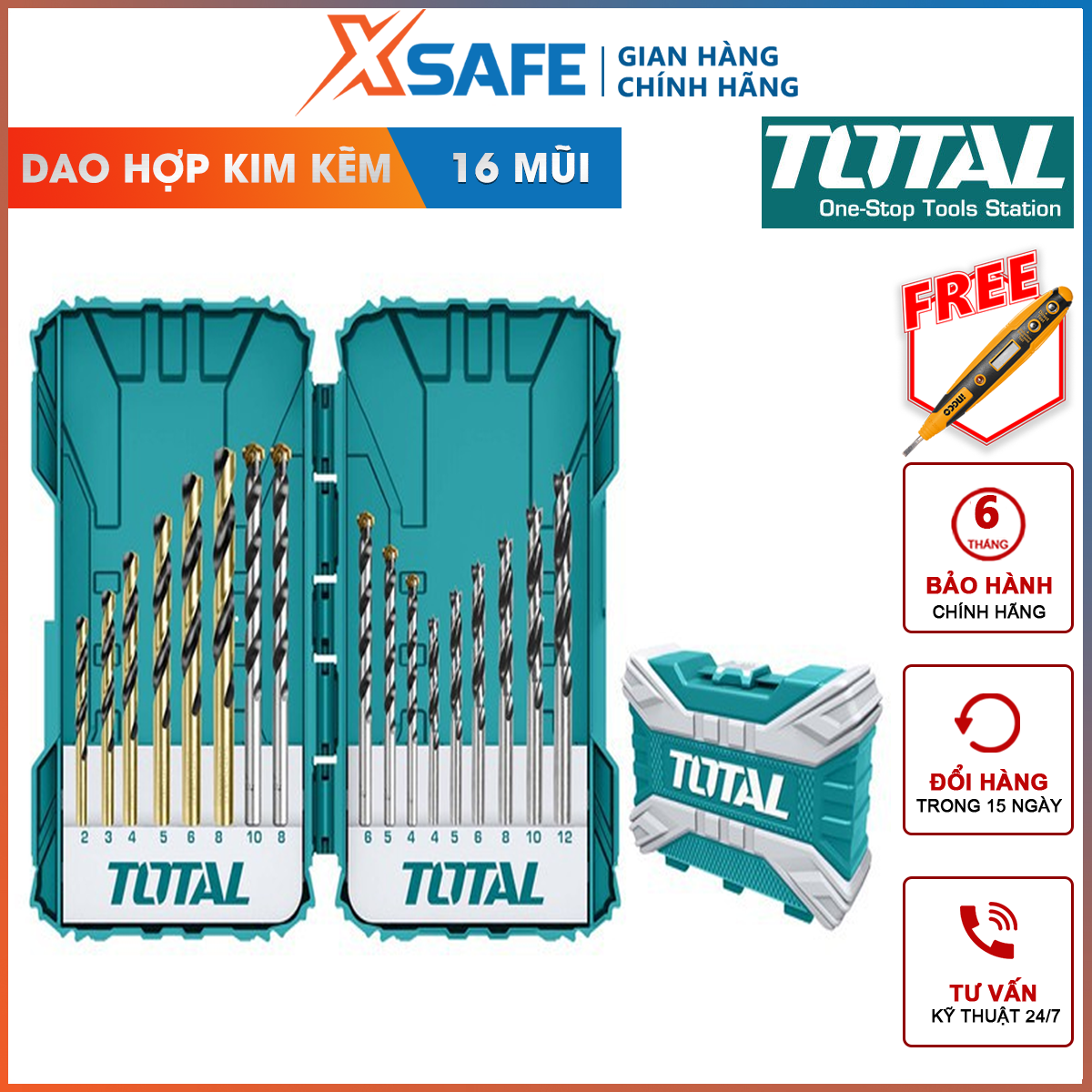 Bộ 16 mũi khoan bê tông/gỗ/sắt thép/siết ốc vít total tacsdl11601 combo 16 mũi khoan đa năng bao gồm 6 mũi khoan kim loại 2,3,4,5,6,8mm 5 mũi khoan bê tông 4,5,6,8,10mm 5 mũi khoan gỗ 4,5,6,8,10mm
