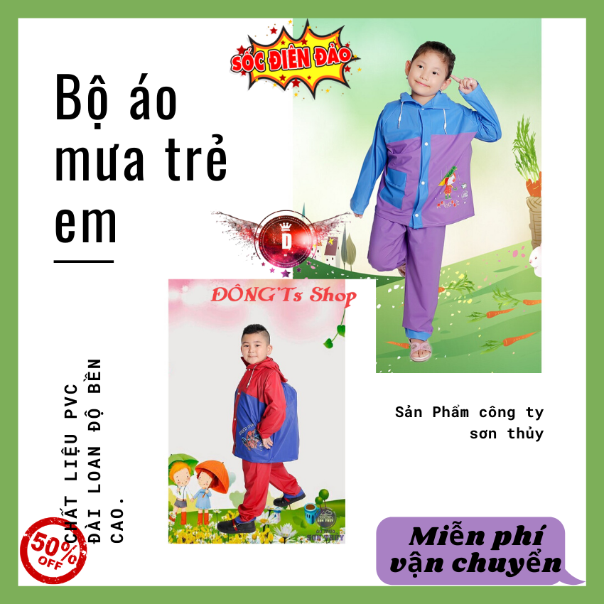 Bộ áo mưa trẻ em cho học sinh tiểu học có lưng che cặp sách [LOẠI TỐT] - Chất liệu PVC Đài loan độ bền cao - bảo vệ bé và cặp sách của bé - Sản Phẩm công ty sơn thủy - Bảo hành 1 đổi 1 tại VanDongTS Shop