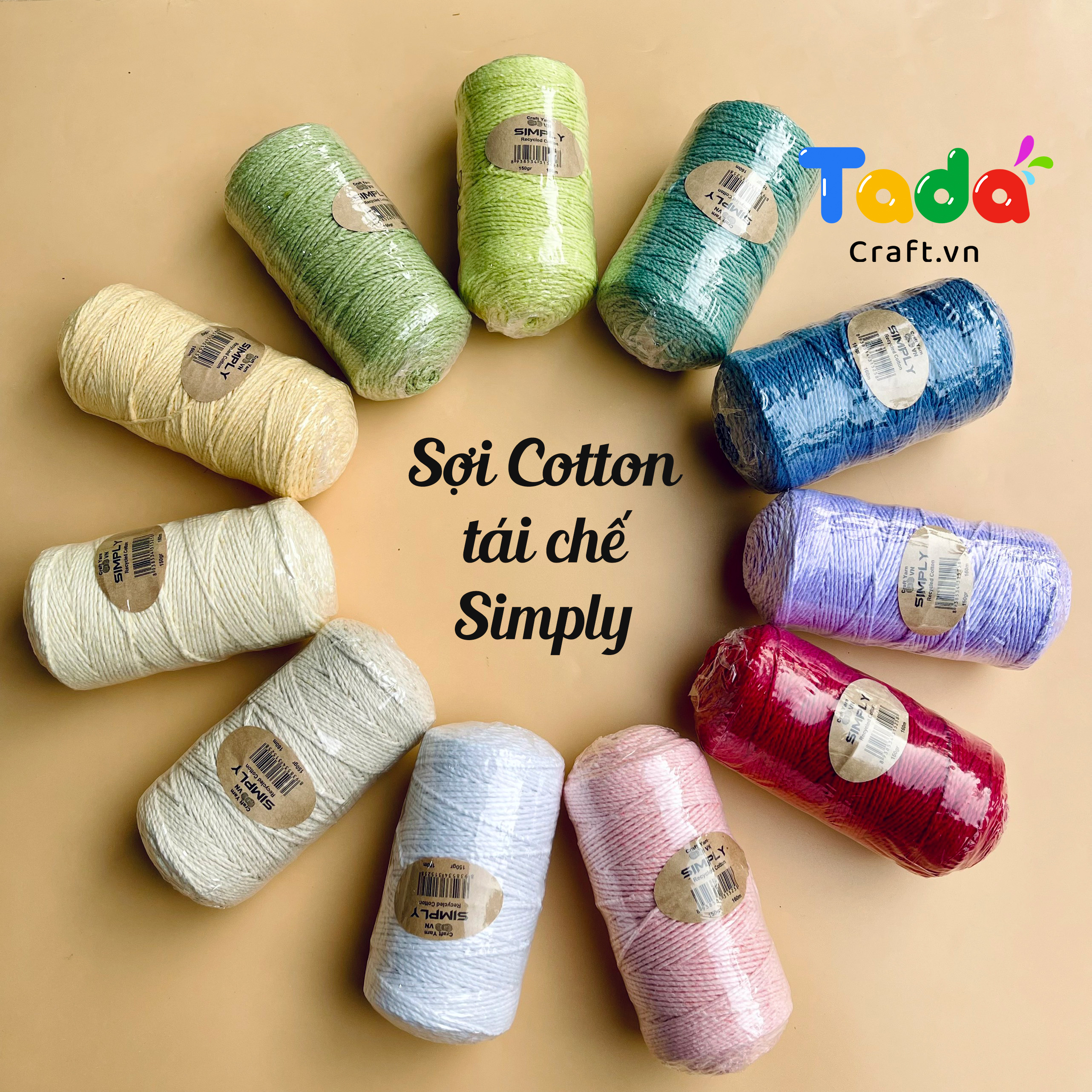 Sợi Cotton tái chế Simply Craft Yarn móc túi, mũ mùa hè (cuộn 150gr)