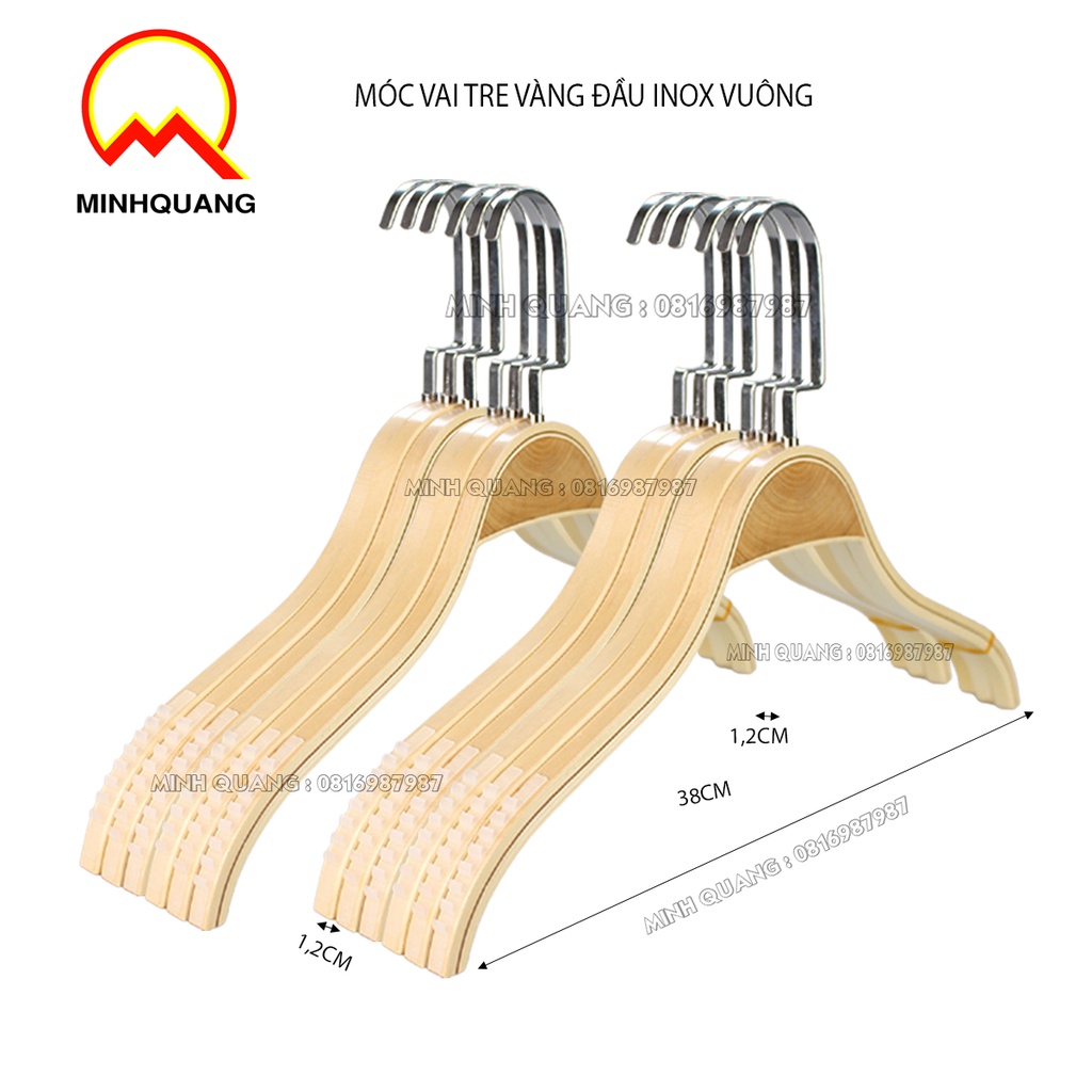 Móc treo quần áo nữ bằng gỗ-móc vai tre vàng, nâu đầu móc vuông- móc áo có đệm vai vai chống tuột