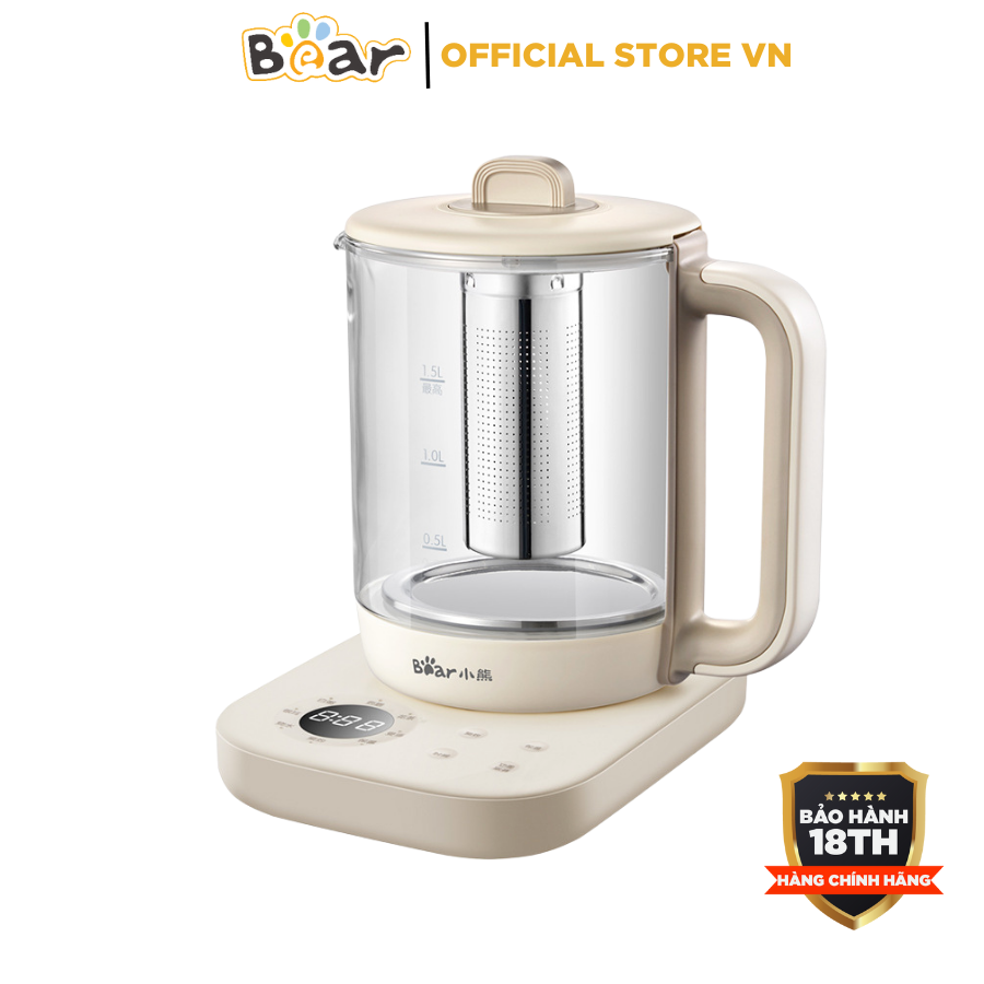 Máy pha trà giữ nhiệt 1.5l đa năng bear ysh-e15g1, công suất 1000w, ấm pha trà thuỷ tinh có lõi lọc, đun sôi siêu tốc, bảo hành 18 tháng