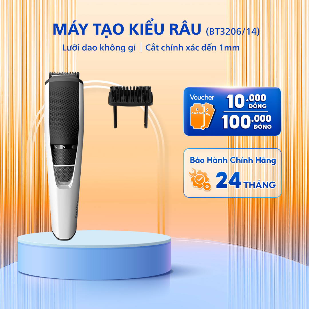 Máy Tạo Kiểu Râu PHILIPS BT3206/14, Lưỡi Cắt Thân Thiện Với Da, Đa Chế Độ, Bảo Hành 24 Tháng