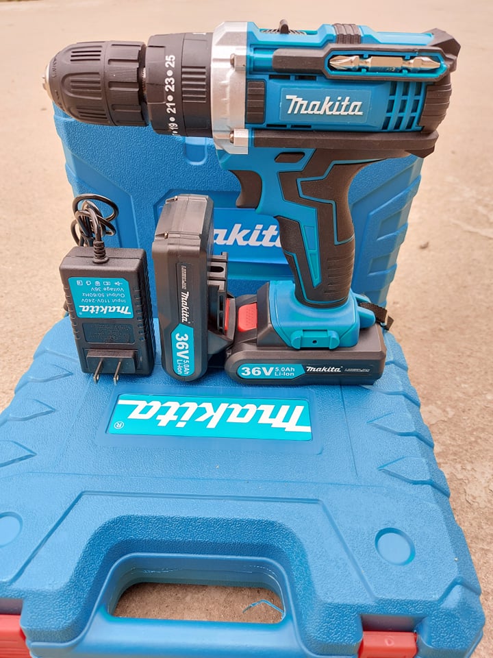 Máy khoan pin có BÚA 36v. MAKITA (kèm 2pin và nhiều phụ kiện) Máy khoan Nhông kim loại + Motor ruột đồng 100%