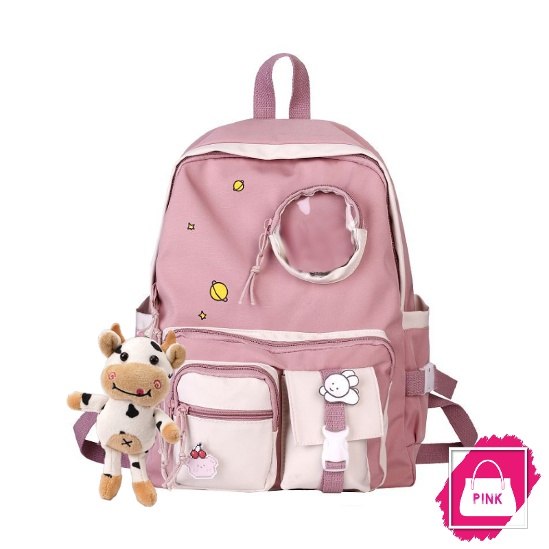 Balo đi học chất liệu vải chống thấm phối túi tròn nhựa pvc tặng sticker và móc khóa bò sữa P390321