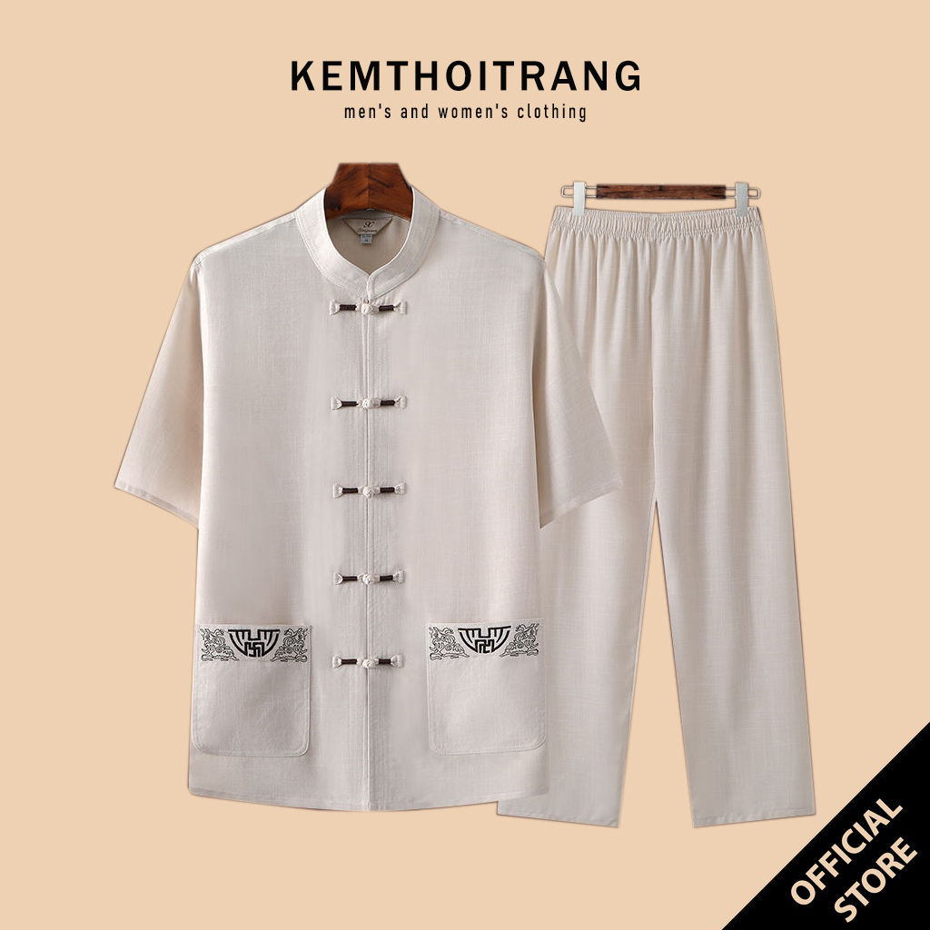 Bộ đồ Lam đi chùa chất đũi mềm mát, Bộ đũi tàu trung niên