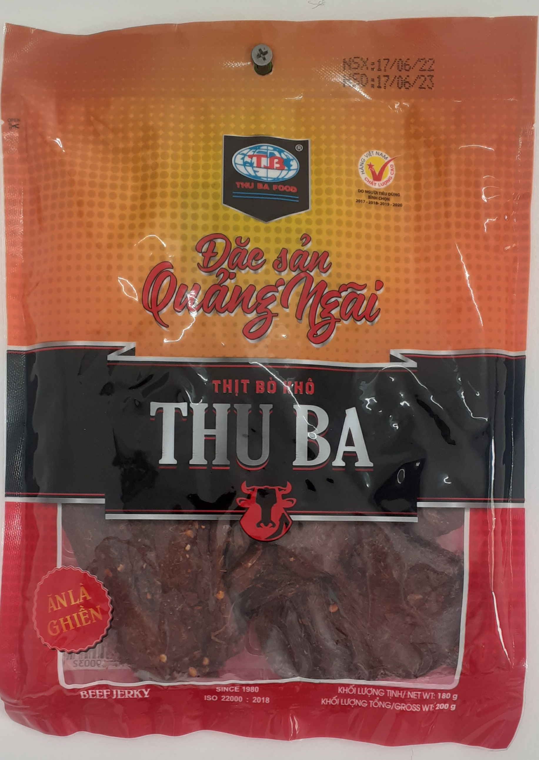 Ăn vặt khô bò miếng 200gr hiệu Thu Ba đặc sản Quảng Ngãi