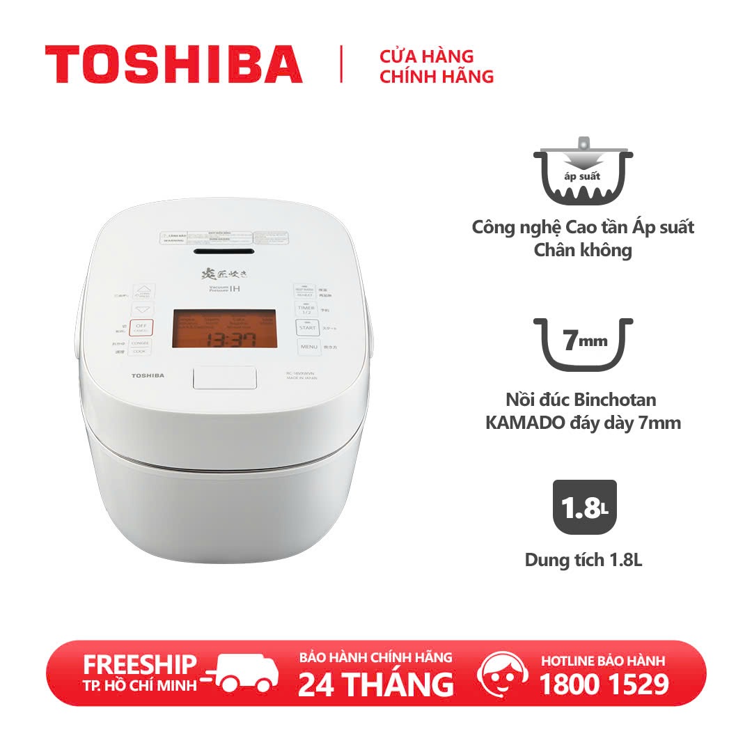 Nồi Cơm Điện Cao Tần Áp Suất Chân Không 1.8 Lít Toshiba -  RC-18VXWVN(W) - Hàng chính hãng bảo hành VIP Care tại nhà trong 2 năm, chất lượng Nhật Bản