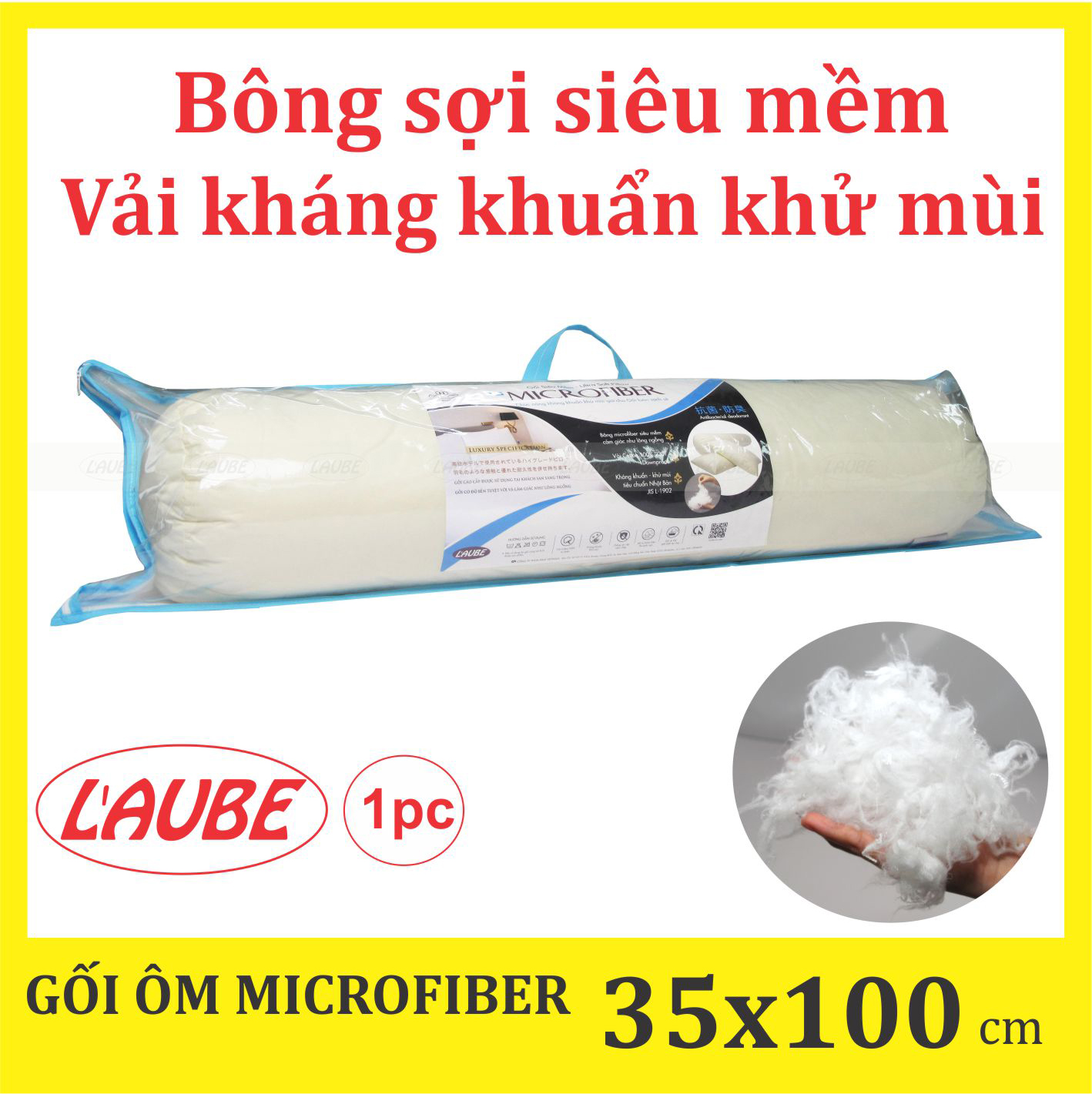Gối ôm Microfiber Laube Kháng Khuẩn Khử Mùi 35x100cm (Màu be)