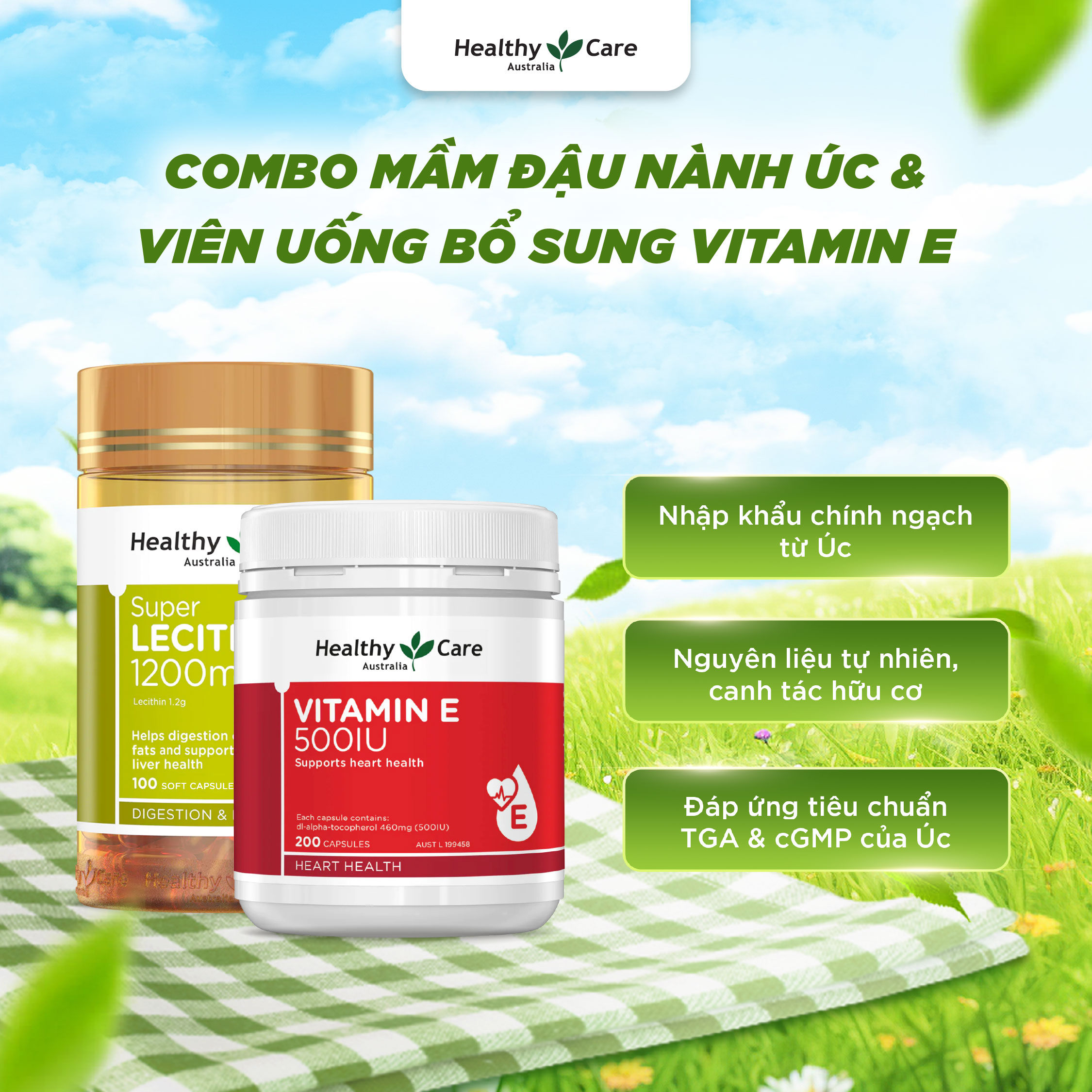 Combo Mầm Đậu Nành Healthy Care Lecithin 1200mg 100 Viên Và Viên Uống Bổ Sung Vitamin E 500IU 200 Viên