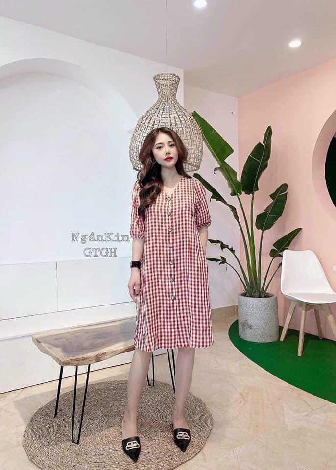 Đầm bầu thiết kế sang trọng cổ V kẻ xinh mùa hè mát