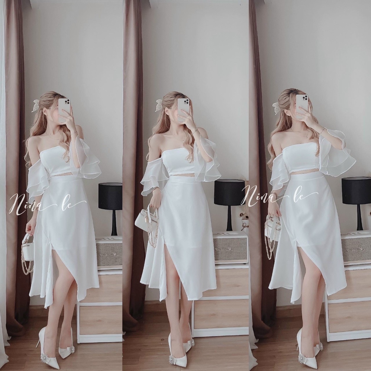 Set váy áo trễ vai trắng cup ngực có mút tay phối voan tơ nhũ mix chân váy trắng sẻ tà dáng tiểu thư