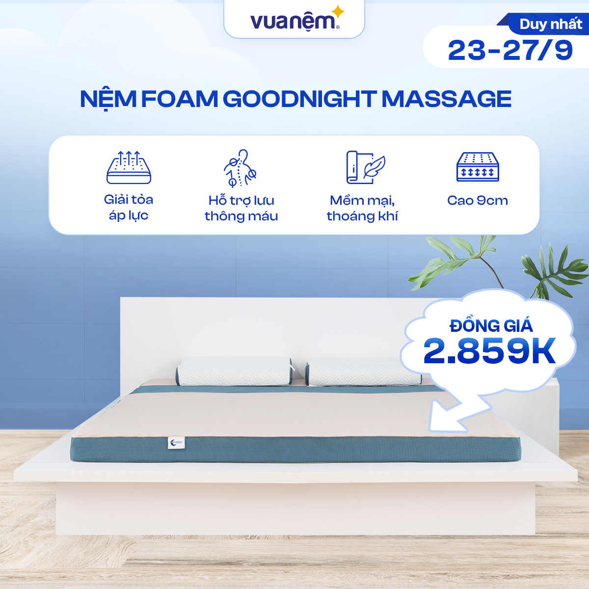 Nệm foam Goodnight Massage bán chạy Việt Nam 9cm tại Vua Nệm Cấu trúc lượn sóng duy trì tư thế tự nhiên của cột sống