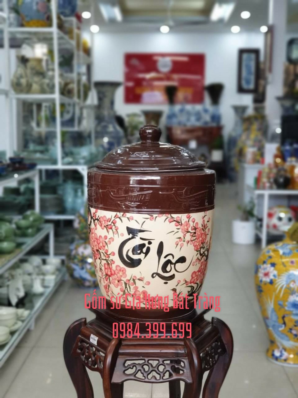 Hũ đựng gạo tài lộc hoa đào 20kg gốm Gia Hưng Bát Tràng