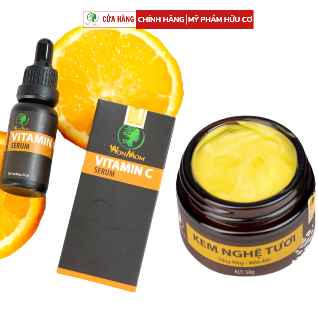 Combo serum C và kem nghệ tươi dưỡng trắng sáng da giảm thâm sạm WonMom