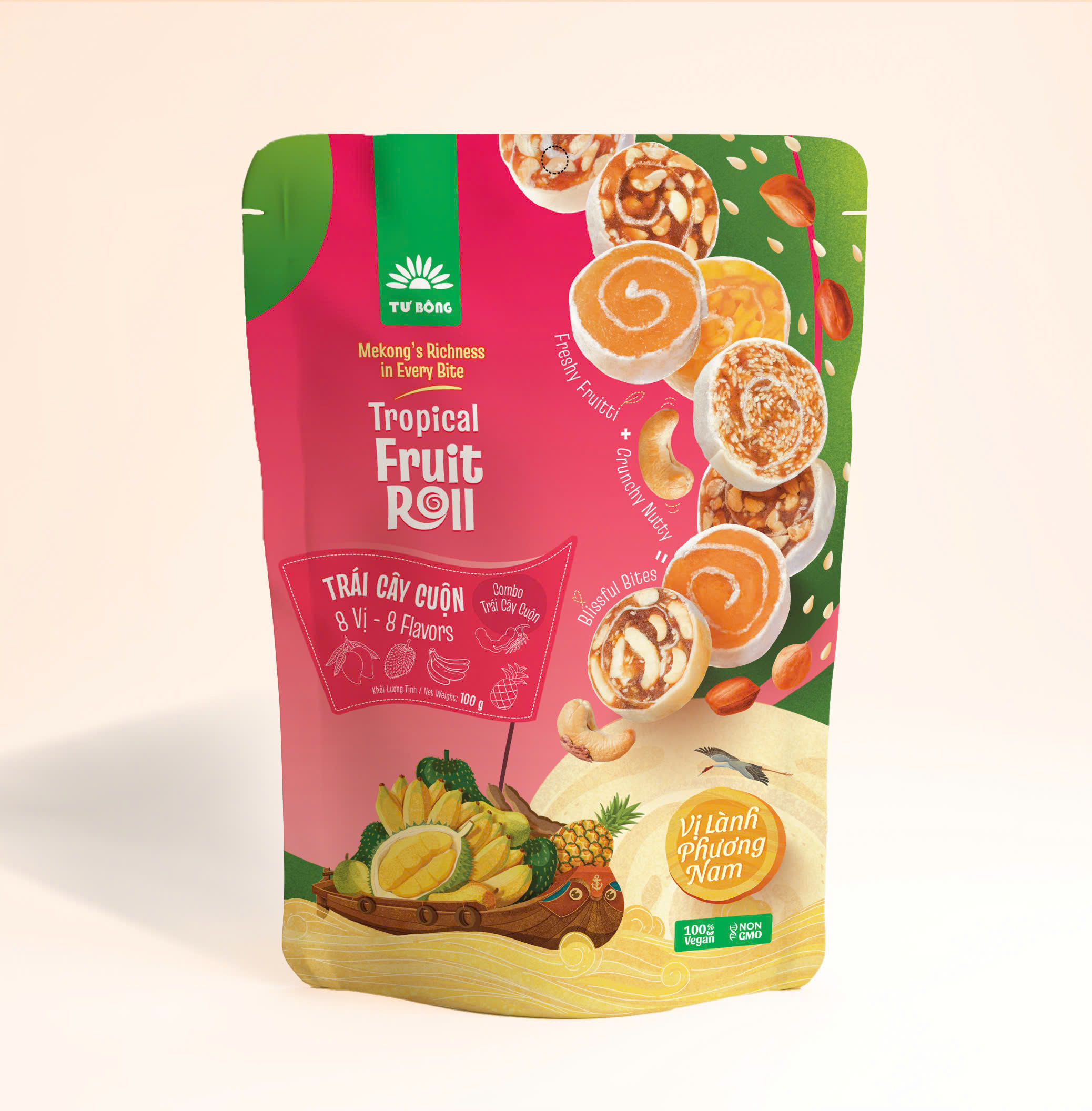 Date 18.08.25 Trái cây cuộn Tư Bông 8 vị 100gr (me, xoài, sầu riêng, mãn cầu xiêm, khóm, chuối,...)( bao bì có thể đổi theo NSX)
