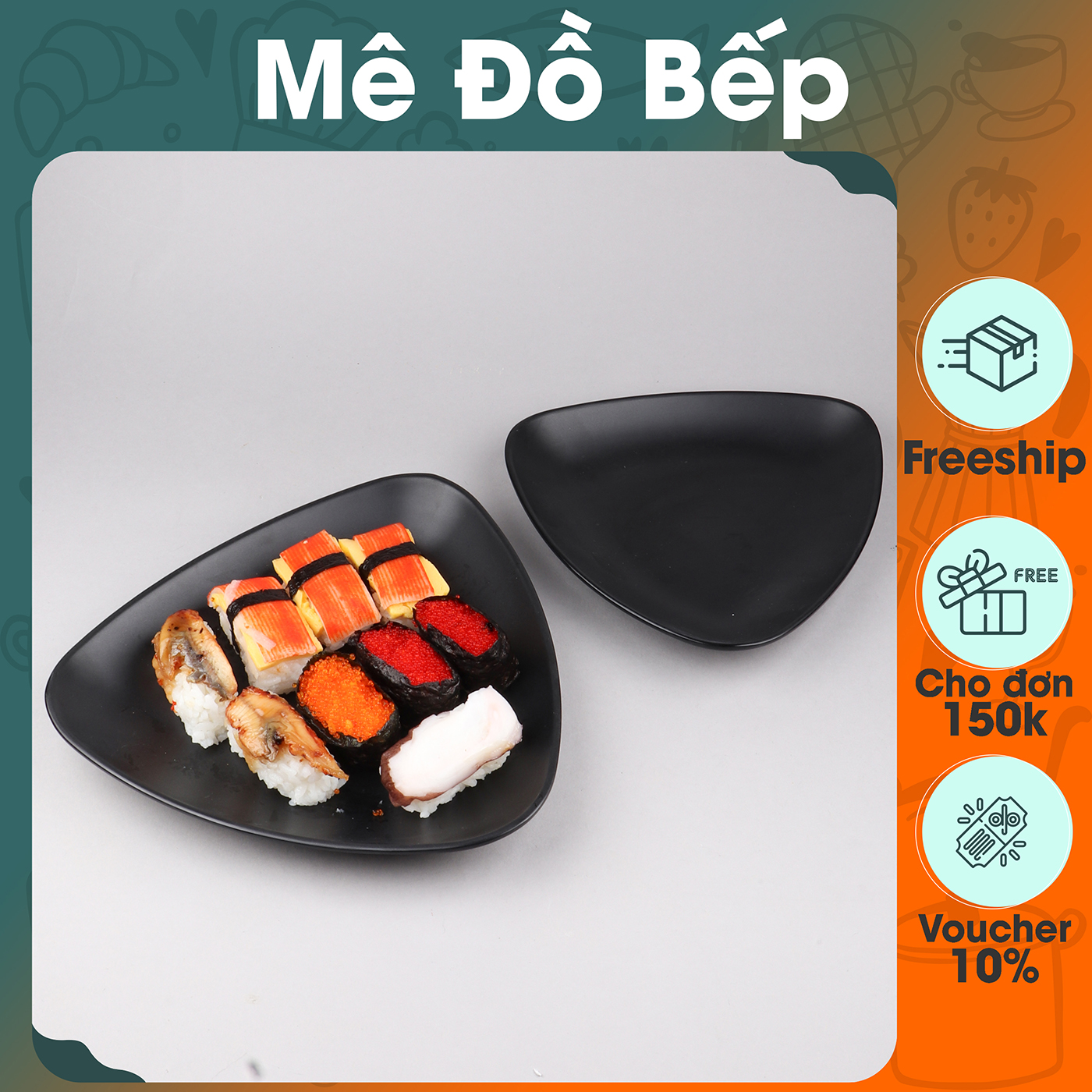 Dĩa nhựa tam giác Bam House chất liệu melamine đen nhám 22x22cm cao cấp DTG02 - Dĩa tam giác Dia Tam Giac