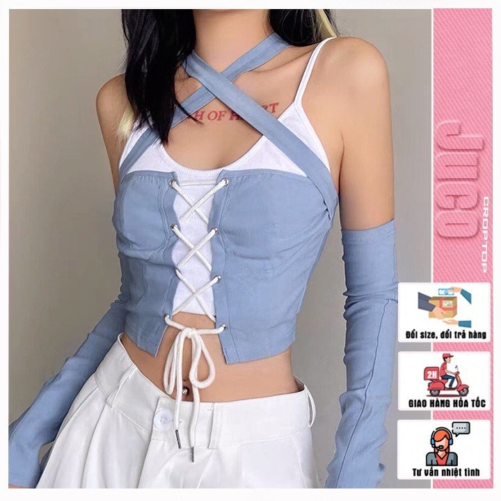 Áo croptop hai dây phối ống tay rời QUINCLOTHES, croptop tay dài kèm bra, áo kiểu nữ sang chảnh