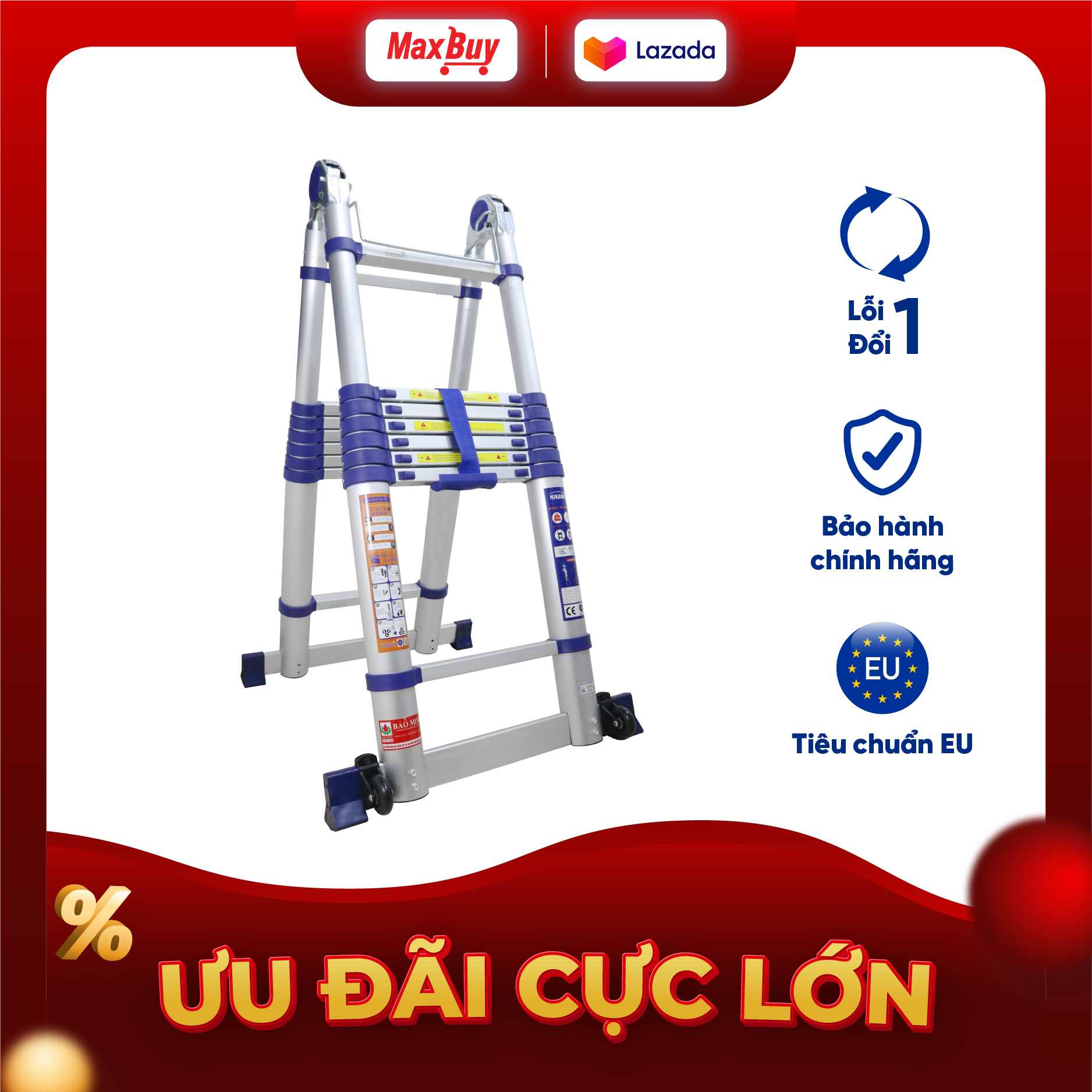 Thang Nhôm Rút Đôi Nikawa Chắc chắn Rút gọn Di chuyển dễ dàng Chiều cao 2.2-2.7m chữ A, 4.4-5.6m chữ I Bảo hành 18 tháng NK-AI-Pri