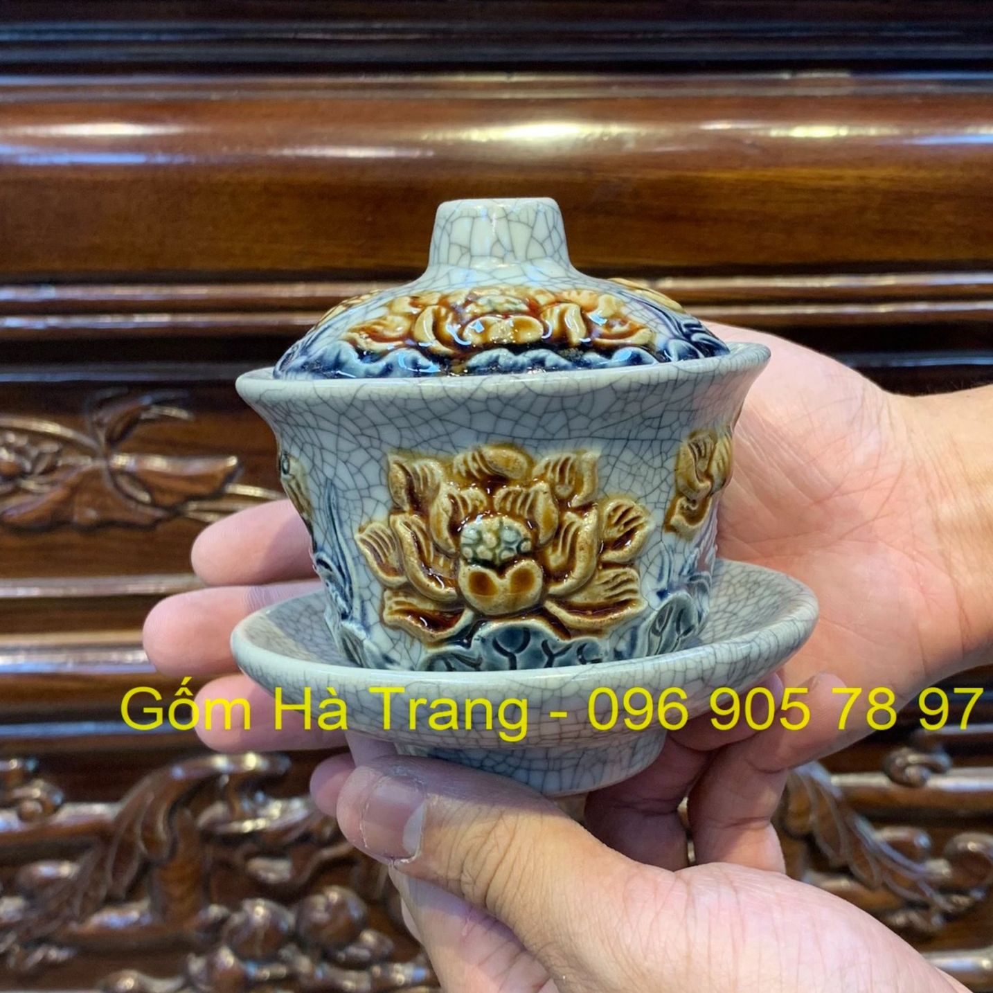 Bát sâm, bát trà thờ cúng - họa tiết sen - rồng - men rạn đắp nổi bát tràng