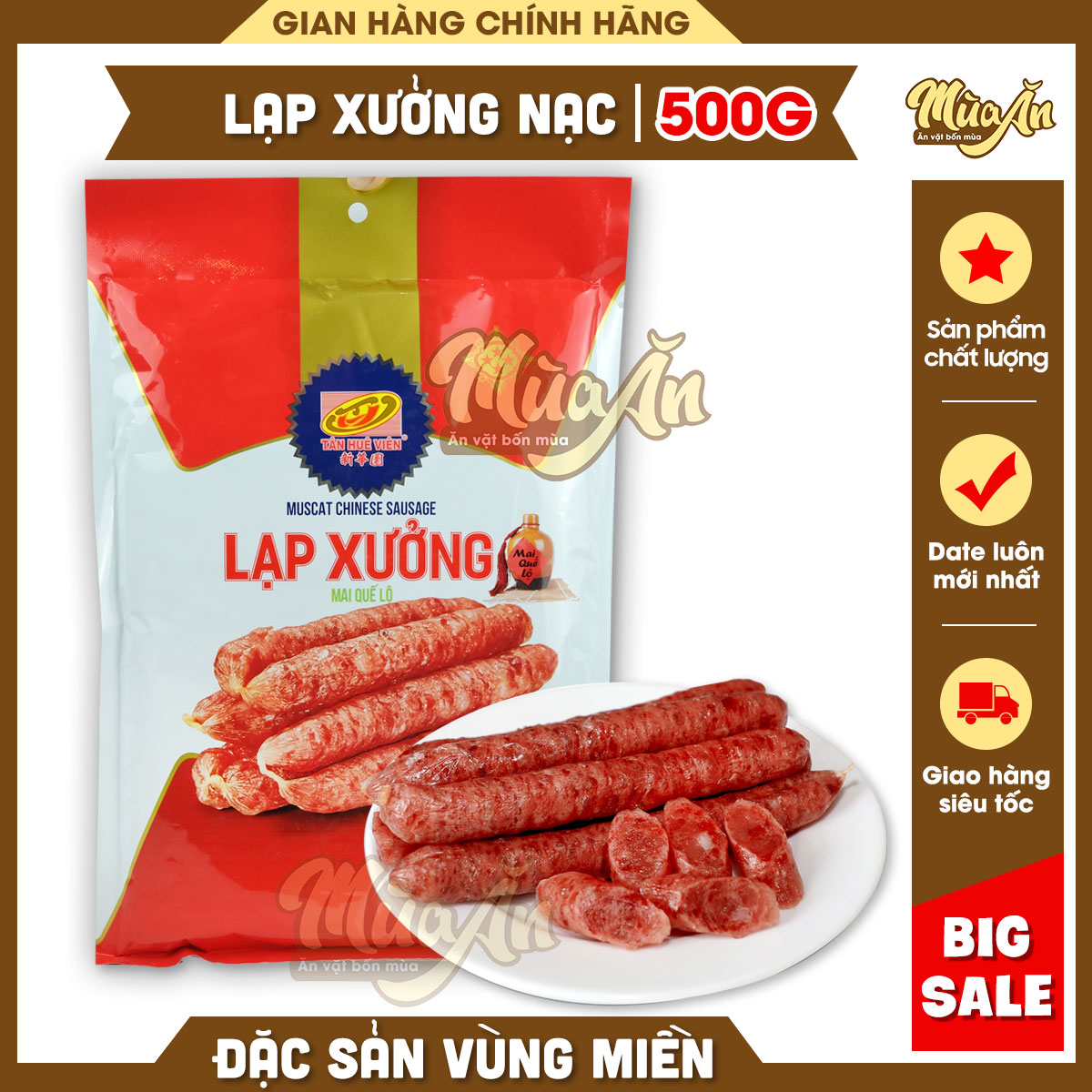 Lạp xưởng nạc Tân Huê Viên Mai Quế Lộ, đặc sản lạp xưởng Sóc Trăng chính gốc túi 500g,Lạp xưởng tết 2023