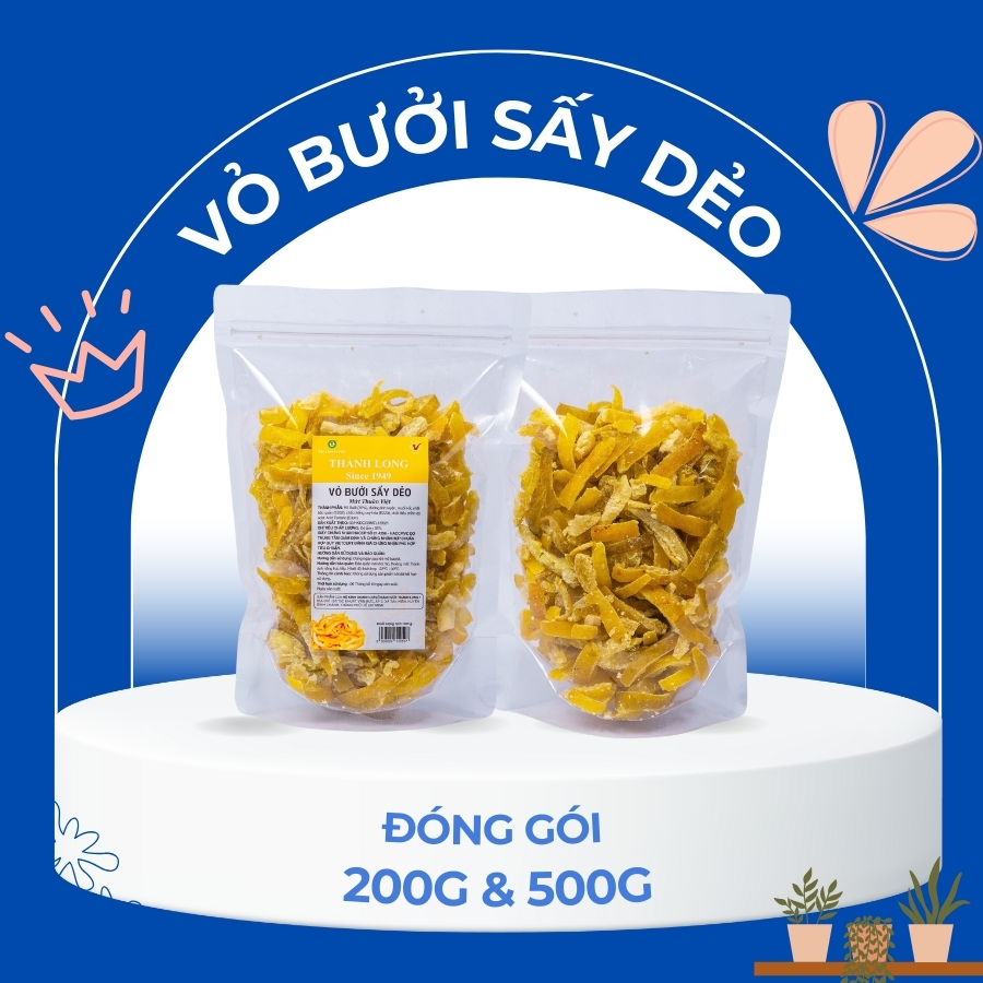 Vỏ bưởi sấy dẻo thành long ít đường, dinh dưỡng đảm bảo vsattp gói/bịch 200g và 500g - việt nam