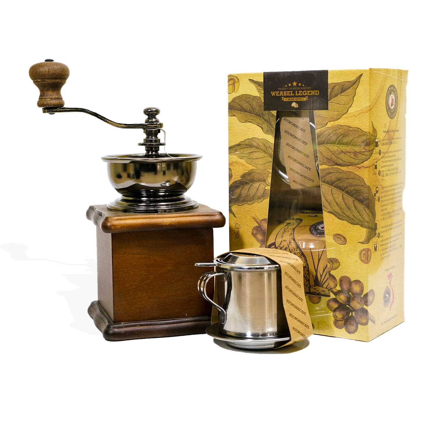 Cà phê Chồn Arabica nguyên chất 100% Hương Mai Cafe Weasel Legend Coffee Gift Box (Oganic) - Thích hợp làm quà biếu tặng gồm 01 gói cà phê dạng bột 250g + 01 phin inox cao cấp