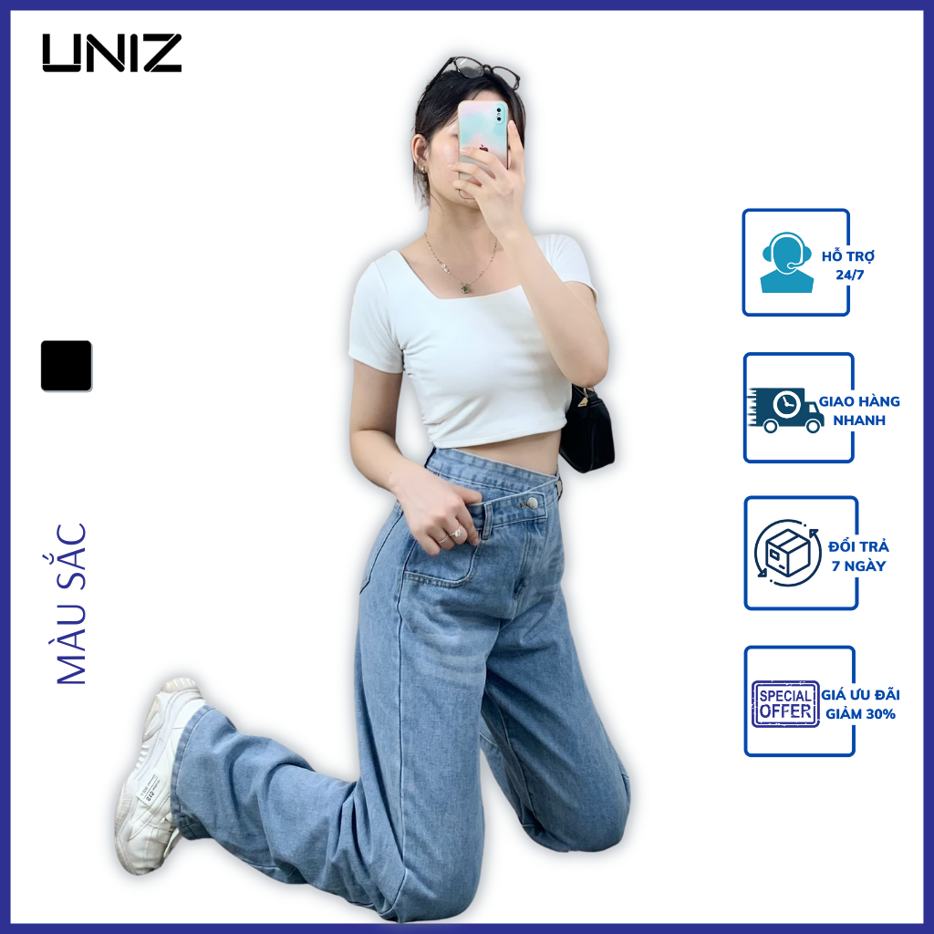 Quần Jean Nữ Basic UNIZ (Màu Xanh), Teen, Dáng Dài 95cm, Ống Rộng, Cạp Chéo, Cao, Vải Jeans Mềm Nhẹ, Không Bai Màu