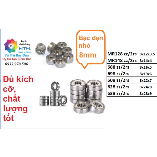 Vòng bi bạc đạn 608, 688, 698, 628, 638, 8x12x3.5, 8x14x4 đầy đủ size lỗ trục 8 ly/ 8mm tq