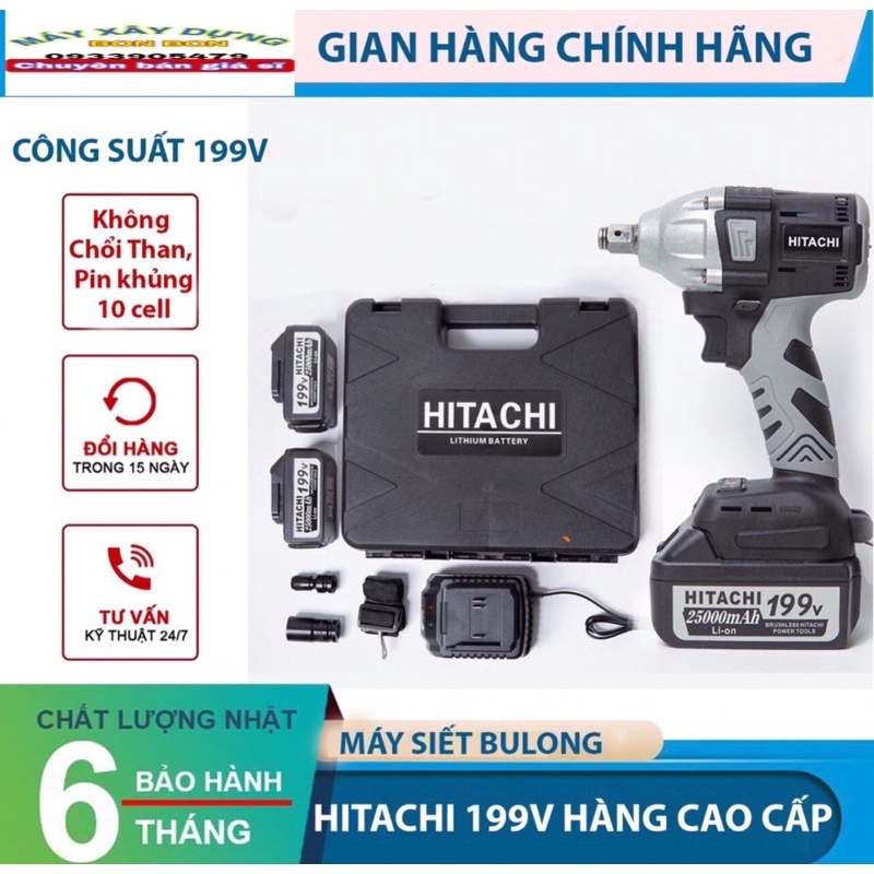 Máy khoan pin - Máy siết bulong dùng pin HITACHI 198V không chổi than, pin khủng 10 Cell