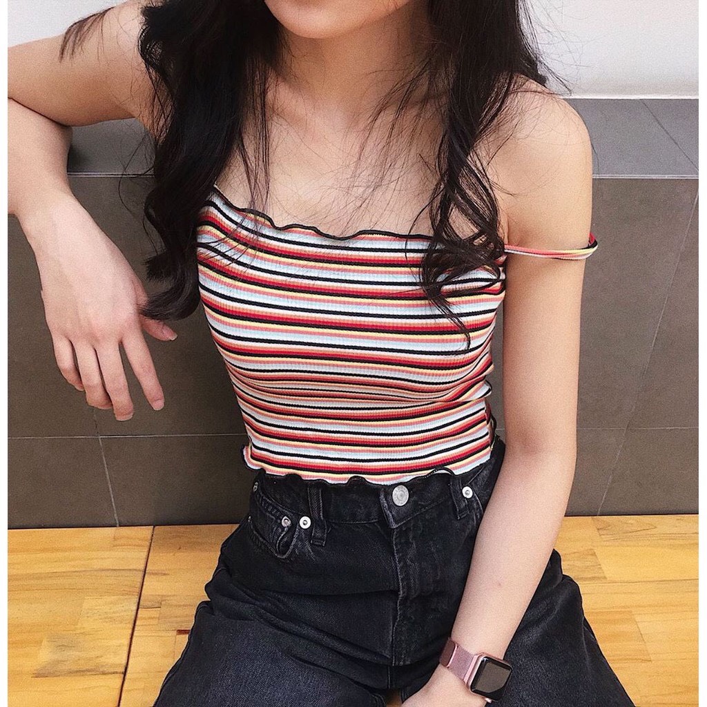 áo croptop 2 dây kẻ sọc cuốn biên cá tính