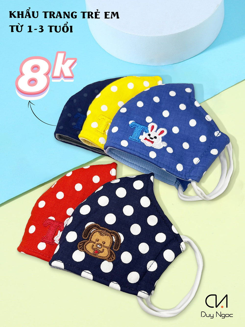 Khẩu trang vải trẻ em Duy Ngọc, họa tiết Bi to, Cho bé 1 đến 3 tuổi - Vải Cotton mềm mại, 3 lớp, thoáng khí dễ thở 2791