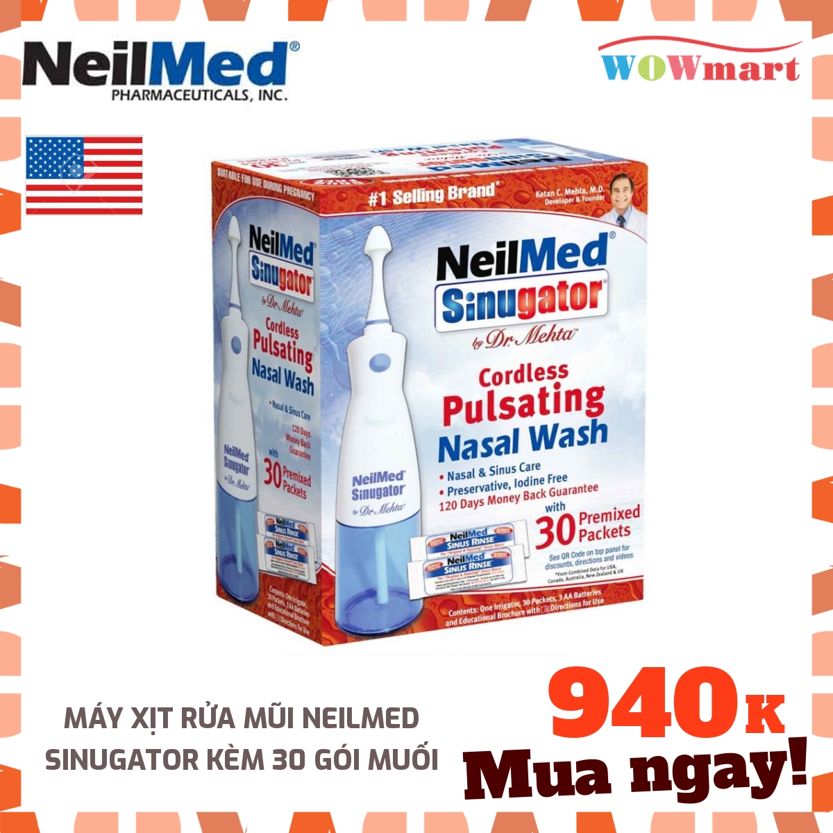 Máy xịt rửa mũi NeilMed Sinugator kèm 30 gói muối