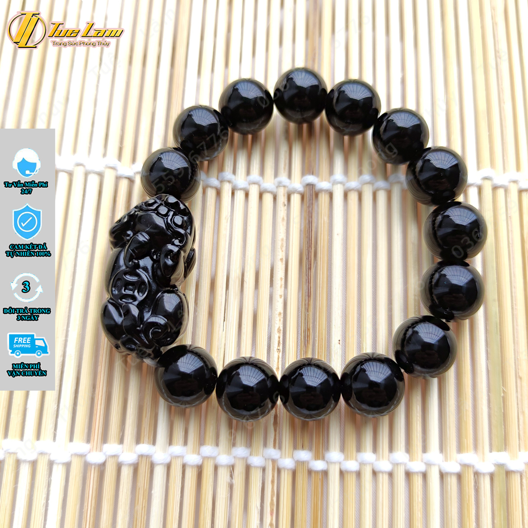 Vòng tay nam hạt mã não đen size 12 Li mix tỳ hưu tài lộc màu đen hợp mệnh thủy mộc- Tuệ Lâm