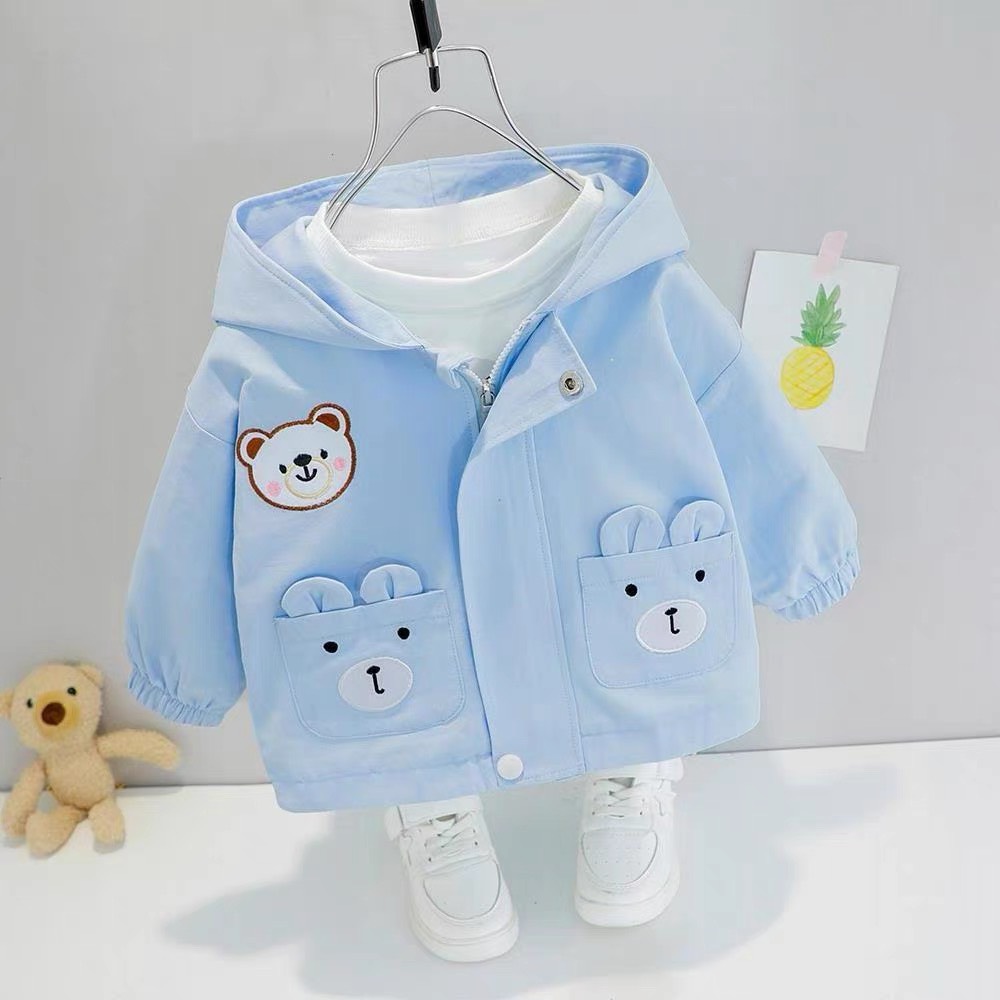 Áo khoác gió họa tiết thêu túi hình gấu dễ thương cho bé từ 10kg dến 23kg