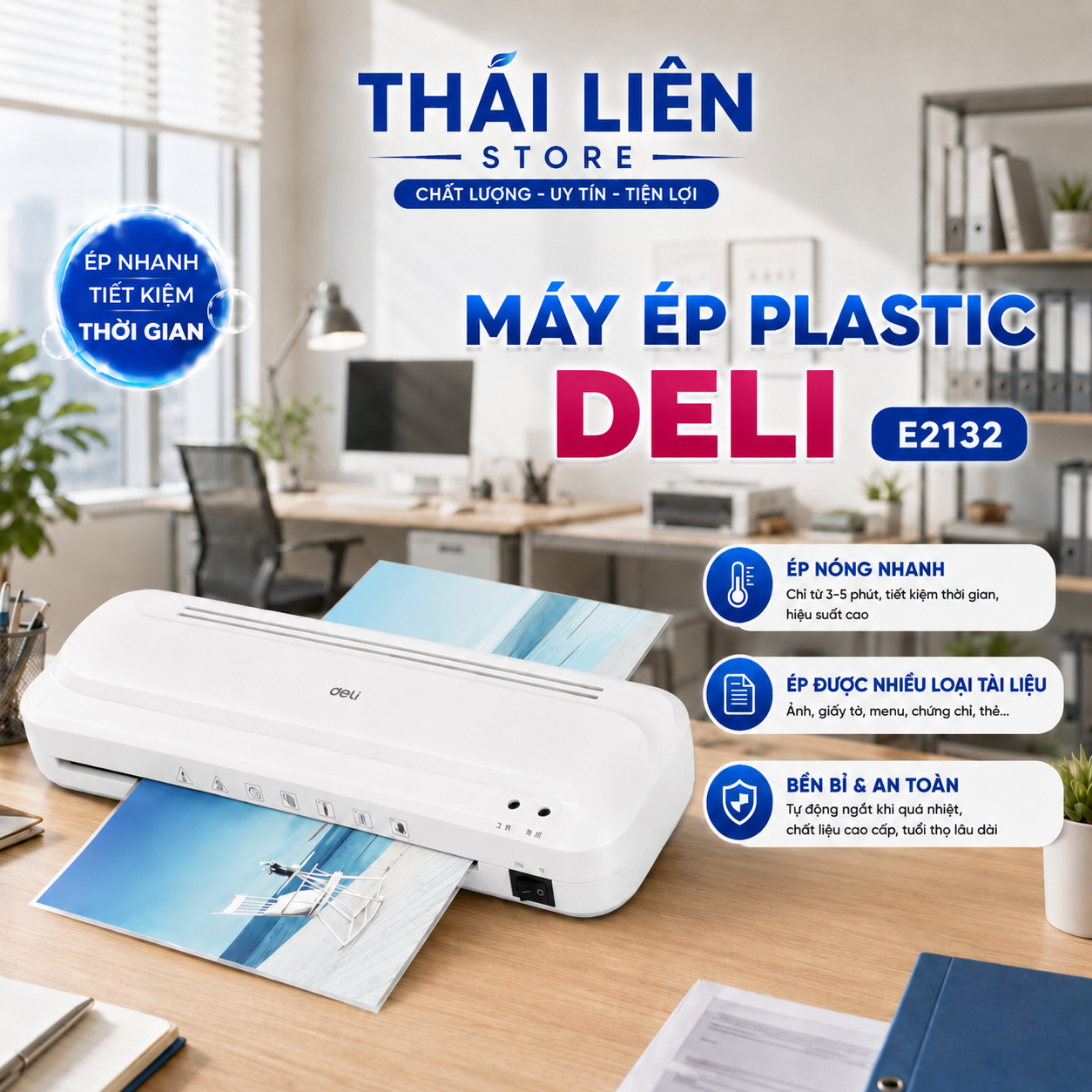Máy Ép Plastic Deli E2132 Khổ A4, Máy Ép Nhiệt Nhựa Dẻo, Máy Cán Màng Ảnh, Tài Liệu, Bằng Khen
