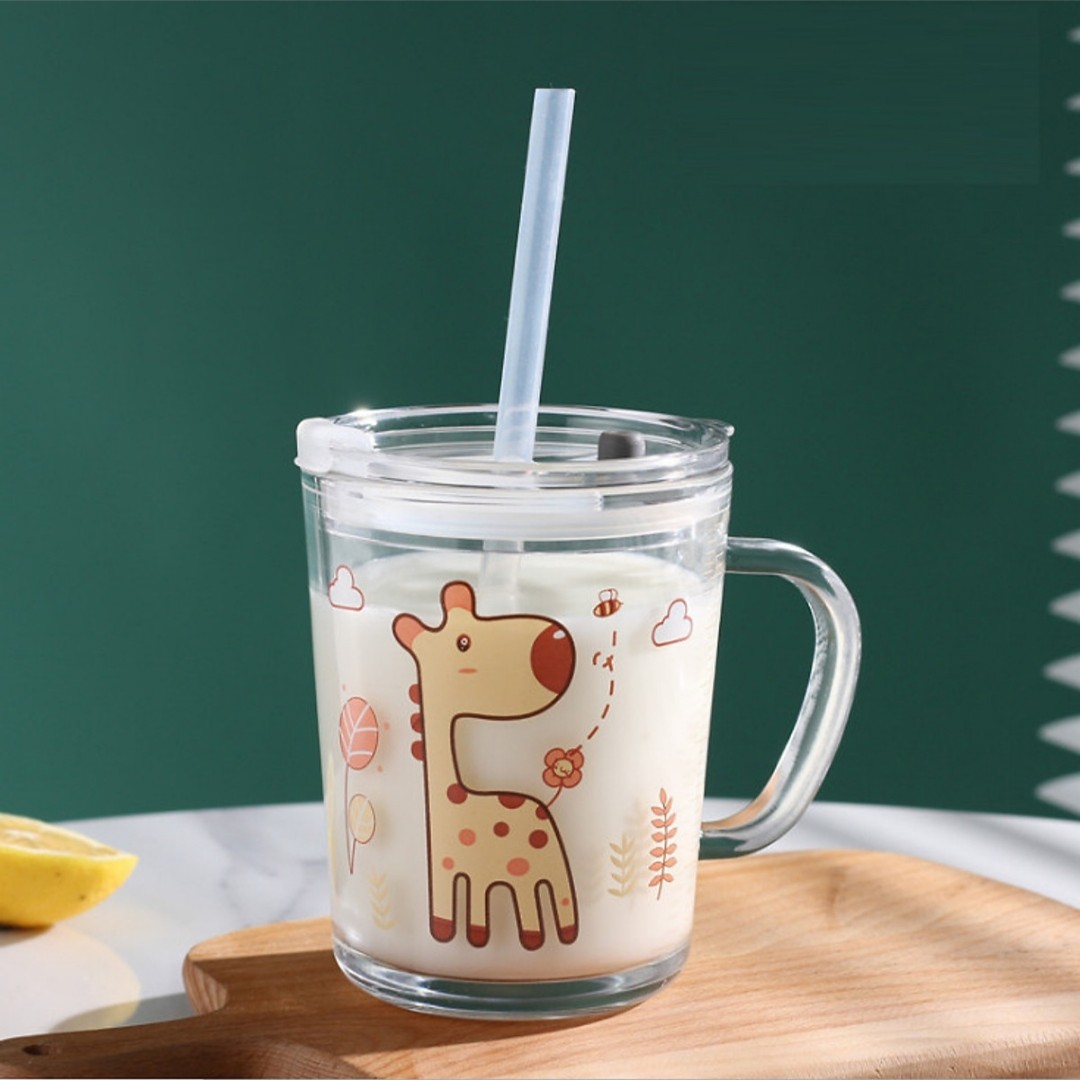 Cốc thủy tinh có nắp và ống hút có vạch chia ml hình động vật dễ thương (giao ngẫu nhiên)