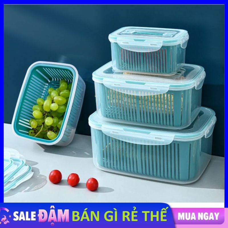 SET 5 Hộp Đựng Thực Phẩm Có Nắp Đậy Ngăn Mùi Cao Cấp - Bộ Hộp Rổ 10 Món - Khay Nhựa Để Tủ Lạnh Kèm Rổ Ráo Nước Bảo Quản Thức Ăn An Toàn Tiện Lợi - Hộp Bảo Quản 2 Lớp Cao Cấp