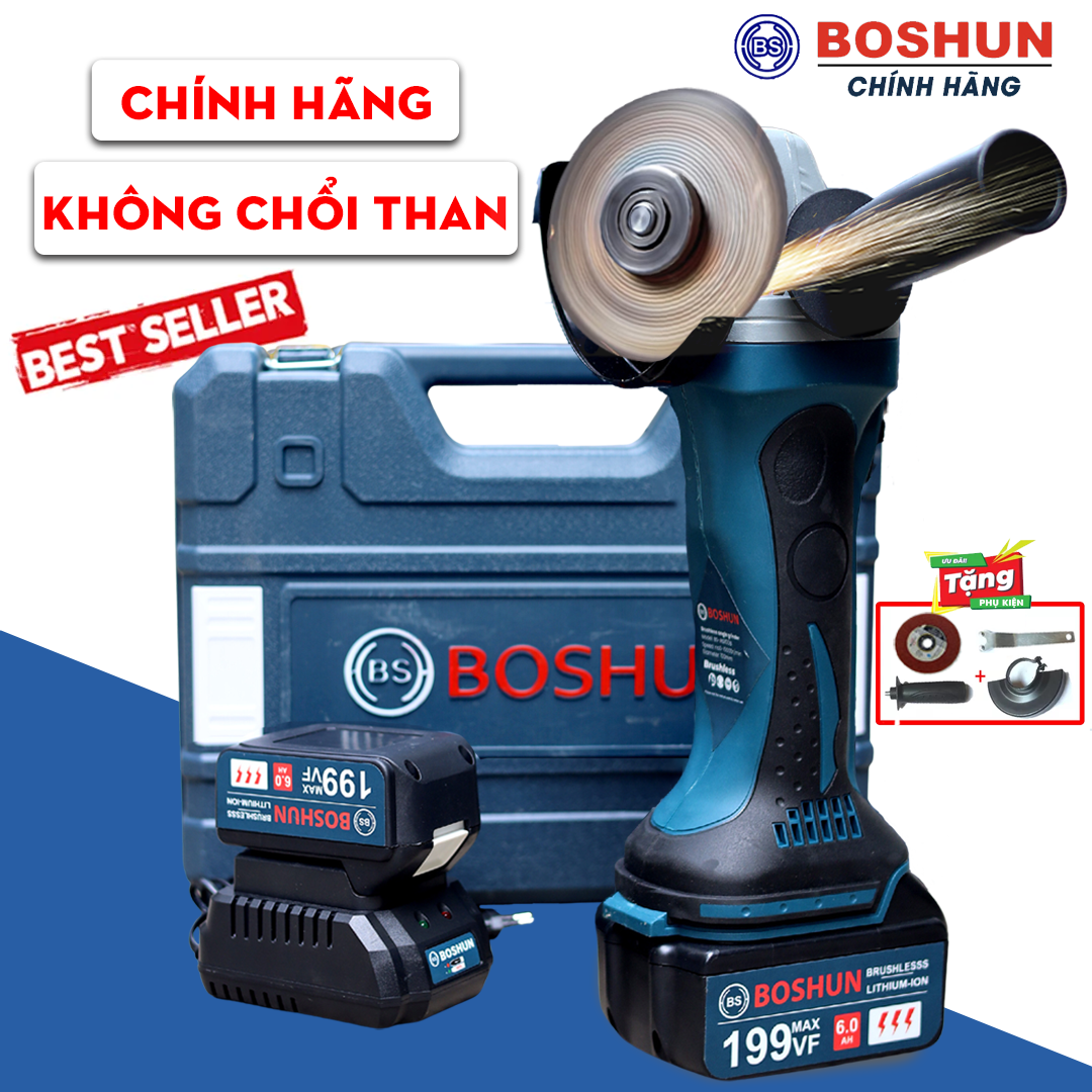 [Tặng Đĩa Cắt] Máy Mài, Cắt Pin Boshun BS-AG100B Không Chổi Than 100% Lõi Đồng, Tặng Kèm Đĩa Cắt - Máy Cắt, Máy Cưa, Máy Đánh Bóng , Máy Mài, Bảo Hành Chính Hãng 12 Tháng