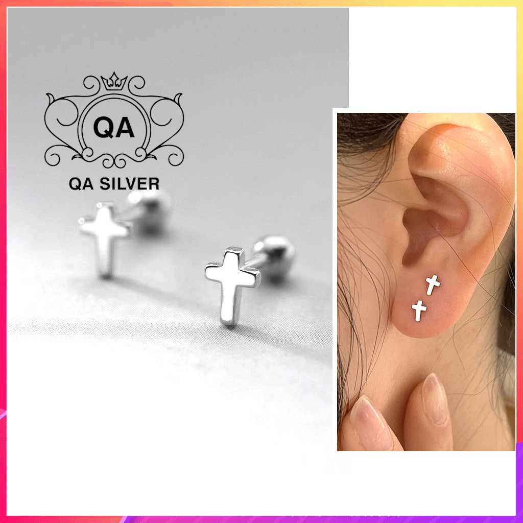 Khuyên tai bạc 925 thánh giá đá chốt bi vặn bông nam nữ s925 cross qa silver earrings ea230903