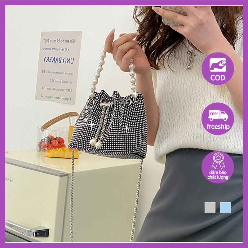 Túi xách nữ Shiny túi đính đá mini đẹp túi xách nữ đi tiệc xích ngọc trai sang chảnh thời trang Dây Xích cho rút quai