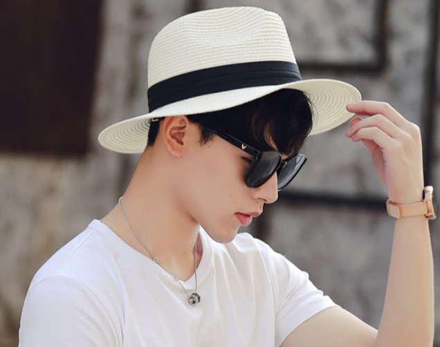 Mũ panama nam phong cách Hàn, nón phớt nam rộng vành thời trang màu trắng kem, mũ nón đi biển nam, mũ phớt cói cho nam, mũ nón nam rộng vành