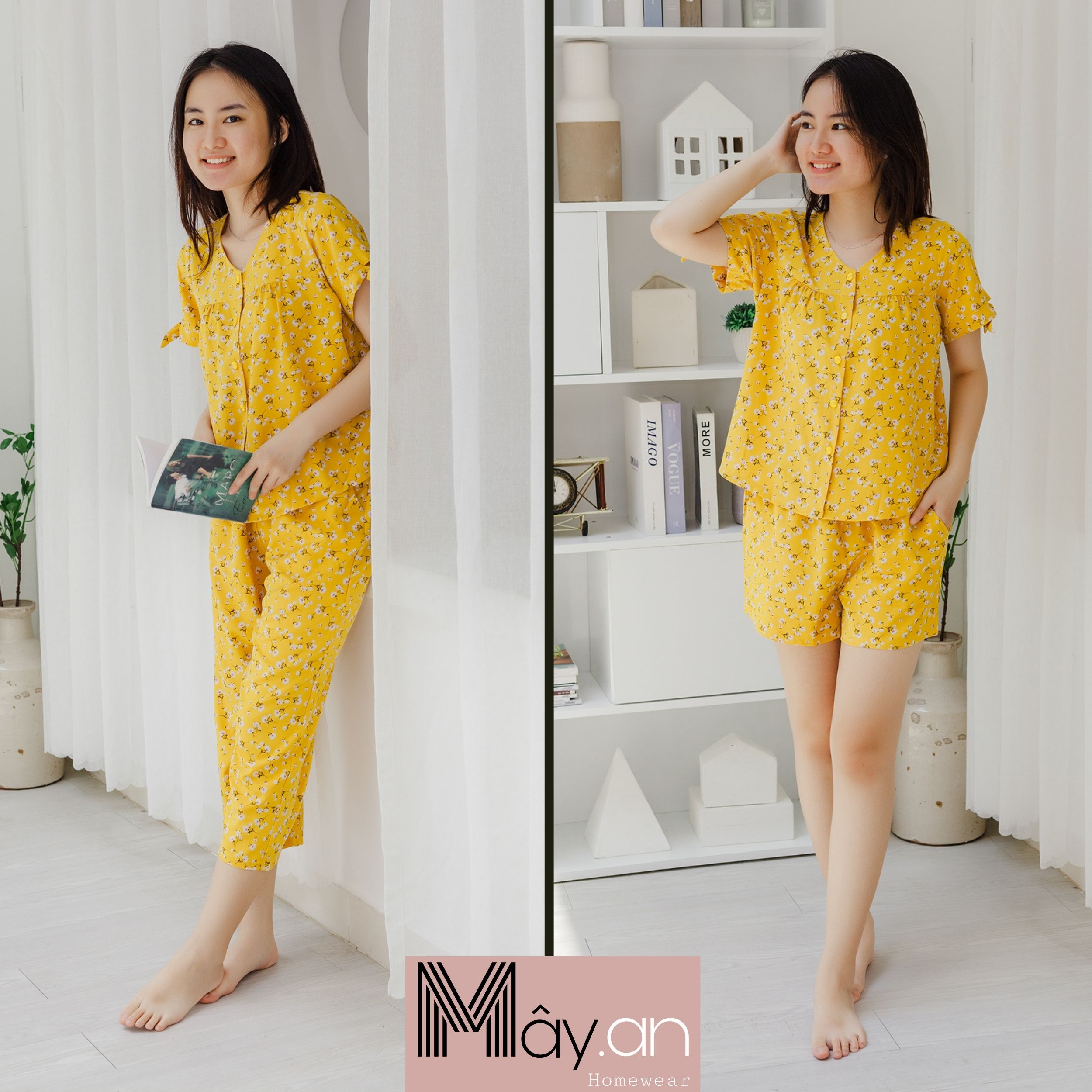 Đồ mặc nhà MÂY áo cổ tim tay cột nơ quần dài lụa Nhật họa tiết hoa nhí - Vàng