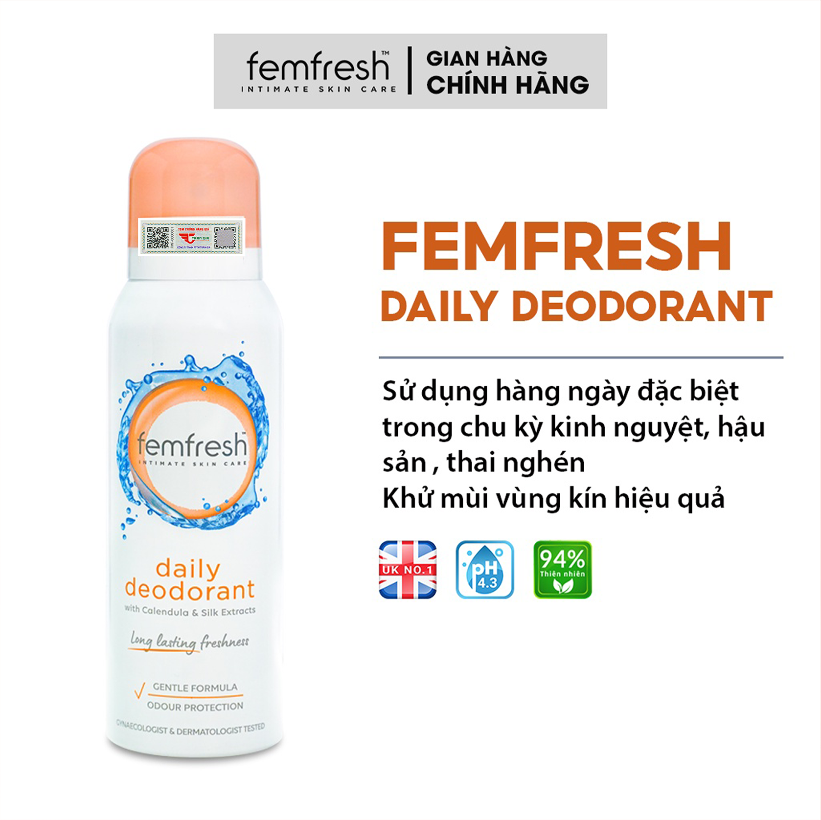 Xịt khử mùi vùng kín femfresh lưu hương suốt 24h, xịt thơm vùng kín thơm mát dài lâu femfresh deodorant spray 125ml
