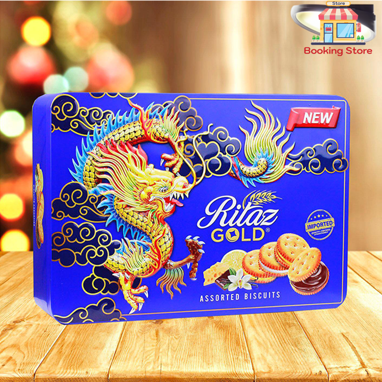 Bánh quy Ritaz Gold Assorted Biscuits 300g hộp thiếc hình rồng đẹp sang