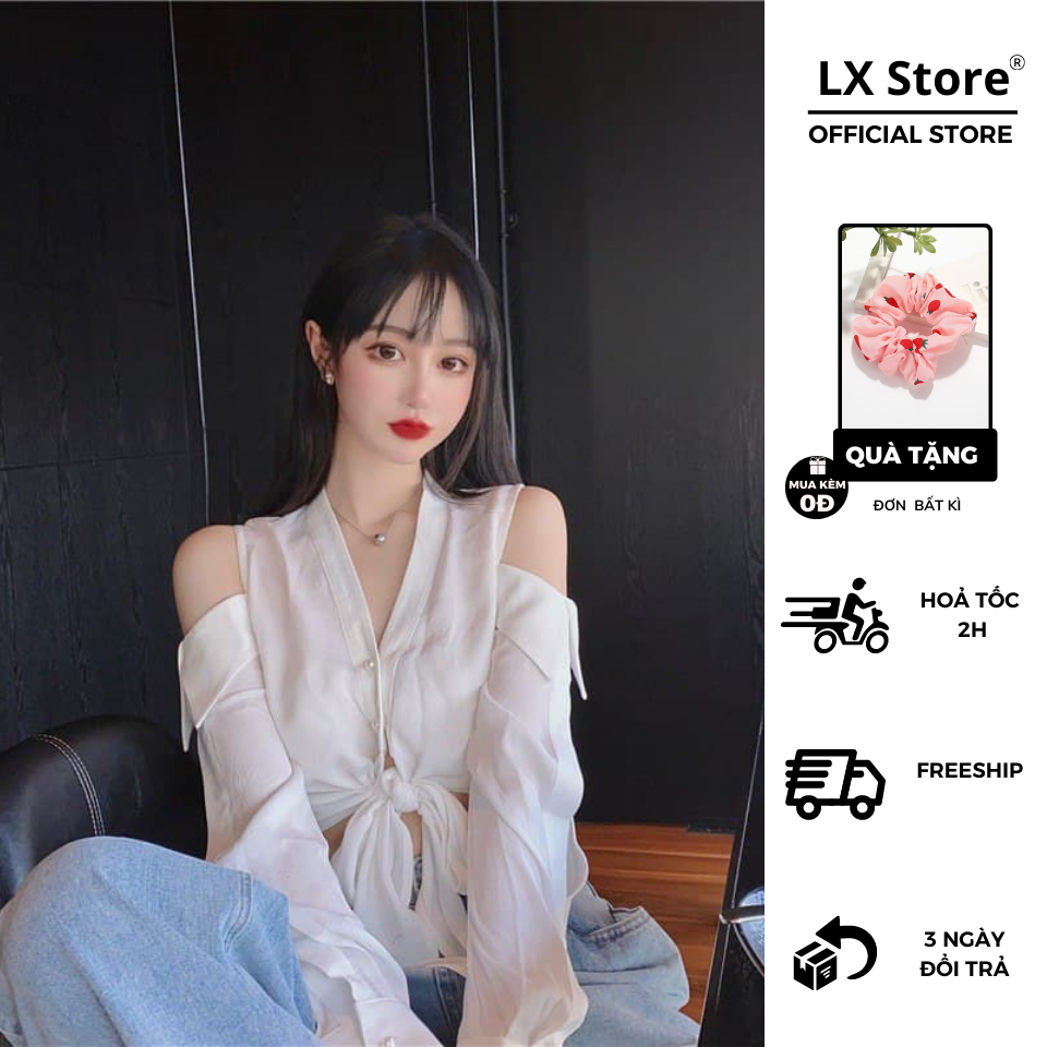 Áo sơ mi khoét hở vai thắt dây eo